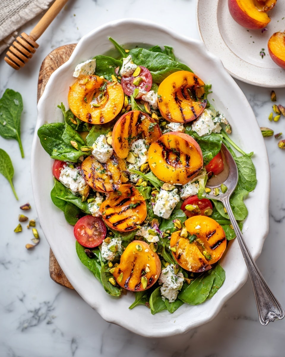 A white oval bowl is filled with three layers: the bottom layer is fresh dark green spinach leaves, the middle layer has bright orange grilled peach slices with char marks, and the top layer includes small red cherry tomato halves, white creamy cheese dollops, scattered green pistachios, and small chopped fresh herbs. Near the bowl, on a white marbled surface, there is a half yellow lemon and a white round plate holding chopped green herbs and a wooden honey dipper with honey drops. Photo taken with an iphone --ar 4:5 --v 7