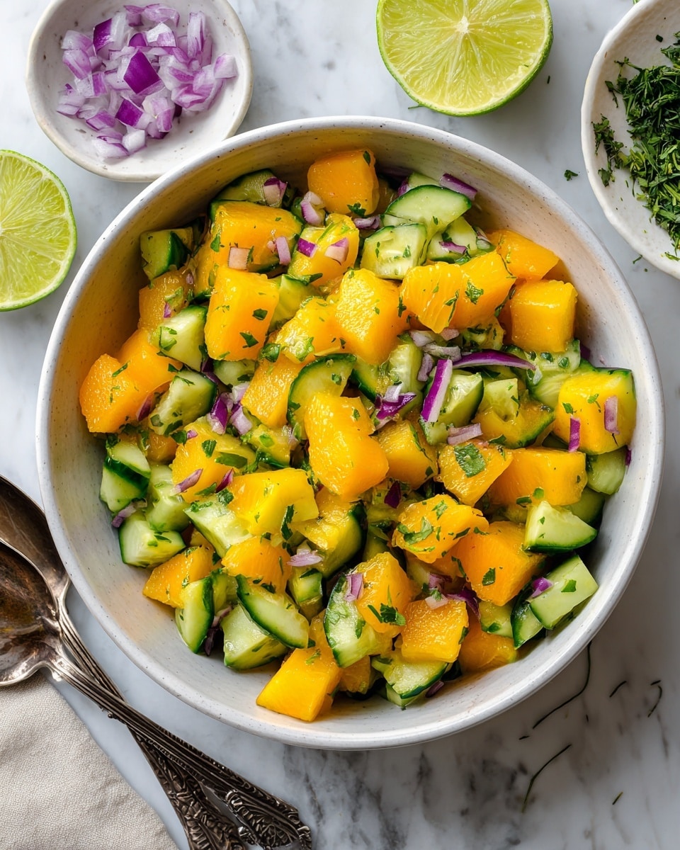 A white bowl filled with a colorful salad sits on a white marbled surface. The salad has large, bright yellow chunks of mango layered with medium-sized pieces of cucumber that have green skin and a lighter green inside. There are small bits of purple-red chopped onion scattered evenly throughout, along with tiny green herb pieces adding texture and color. In the upper left corner, a half lime with visible seeds rests partly in the bowl. The background shows green leaves and a small white scalloped dish on the right side. A woman's hand is not visible but implied by the scene. Photo taken with an iphone --ar 4:5 --v 7