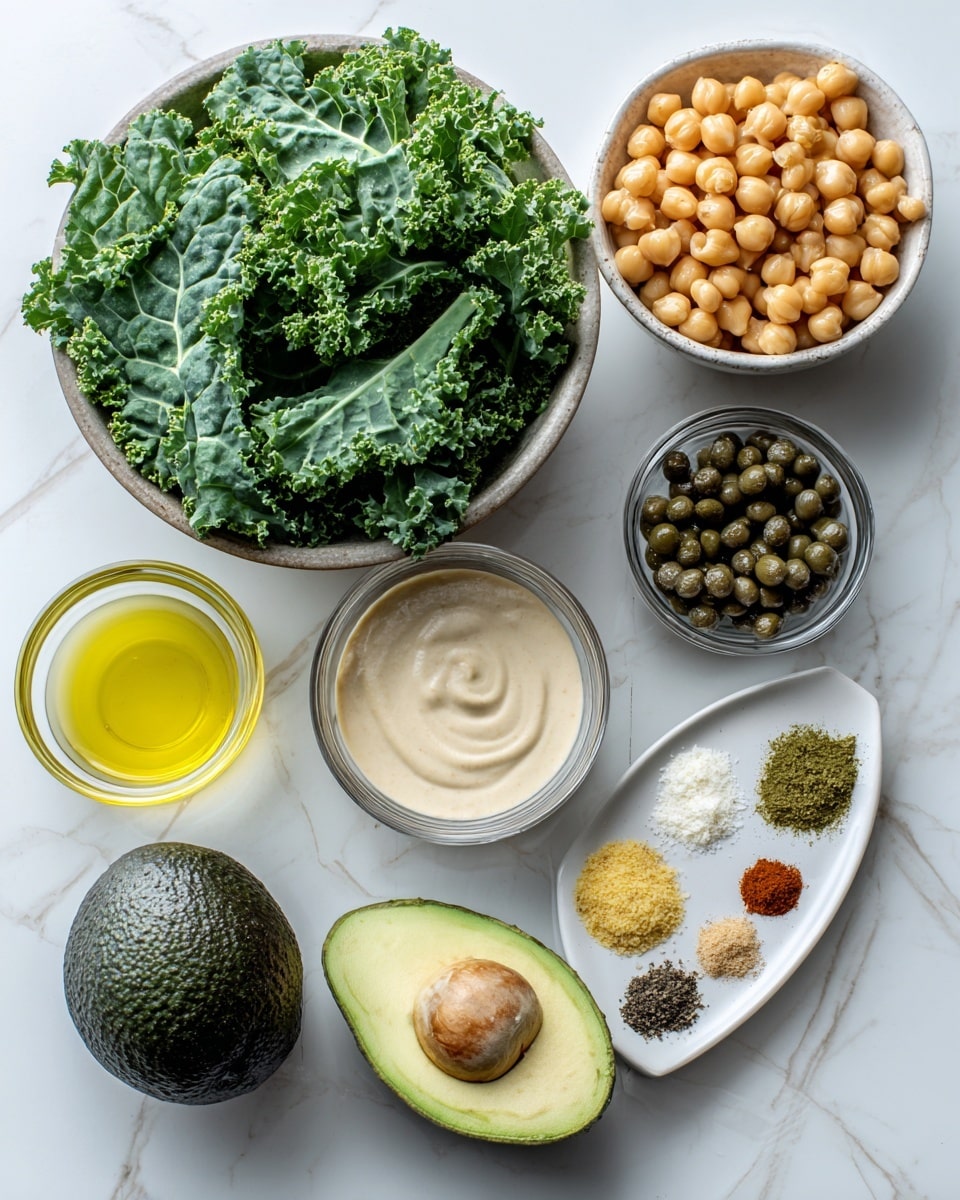 The image shows separate clear bowls and a white small plate arranged on a white marbled surface. One large bowl is filled with bright green, curly kale leaves that have a fresh, crinkled texture. Another large bowl contains smooth, round, light brown chickpeas piled loosely. A small bowl holds a creamy beige sauce labeled tahini, and another small clear bowl has a light yellow liquid of olive oil and lemon juice. There is a small clear bowl with dark green capers that look like little round beads. A whole dark green avocado with a rough texture sits near the center. A small clear bowl contains finely grated vegan parmesan, soft and fluffy white in color. The white plate contains different seasonings arranged in neat, colorful piles including white, red, yellow, and brown powders. The layout is simple and clean, with all the ingredients clearly visible and labeled. photo taken with an iphone --ar 4:5 --v 7