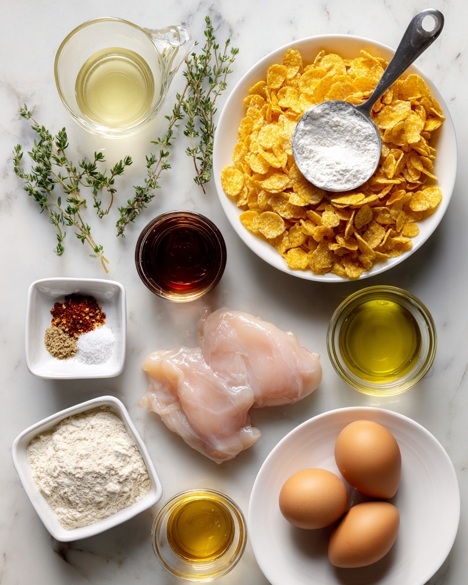 The image shows a top view of various cooking ingredients arranged neatly on a white marbled surface. A large white bowl at the top right contains a heap of yellow corn flakes with a silver measuring cup full of white all-purpose flour resting on top, along with green sprigs of thyme. To the left is a small dark glass cup filled with pale yellow pickle juice. Below that, there is a small glass jar of dark amber hot honey with a silver spoon inside. A square white dish contains a mix of white granulated sugar, light brown seasoning powder, and red chili flakes. Below this is a small silver bowl holding two brown eggs. At the bottom right, a white plate holds two raw chicken pieces that are pale pink in color. Next to the plate is a small glass bowl of clear olive oil. The setup is clean and well-organized, capturing the variety of colors and textures of the ingredients. photo taken with an iphone --ar 4:5 --v 7