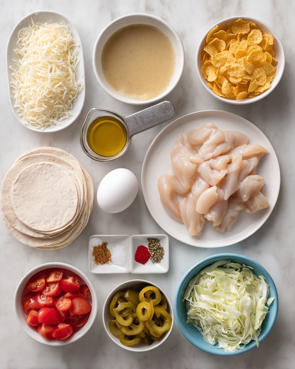 A top-down view shows various cooking ingredients placed neatly on a white marbled surface. In the center right, there is a round white plate filled with raw chicken tenders, pale pink and smooth. Above the plate is a small white bowl filled with golden yellow corn flakes and a smaller white bowl next to it holding clear oil. To the left of the chicken, there is a white oval plate with a pile of shredded white cheese. Below the cheese is a metal measuring cup filled with white flour. In the middle bottom, an egg sits alone on the marble. Near the egg, there is a stack of beige wraps, topped with a square white dish holding small piles of seasoning in red, green, and white colors. To the bottom left is a white bowl filled with bright red tomatoes. On the lower right, a light blue bowl contains light green shredded cabbage, and above it, a small white bowl holds yellow banana pepper rings. Close by is another small white bowl with green pickle slices. A medium-sized light blue bowl with a whisk inside is filled with a creamy honey mustard sauce in golden brown. All items are arranged with clear spacing and good lighting, photo taken with an iphone --ar 4:5 --v 7