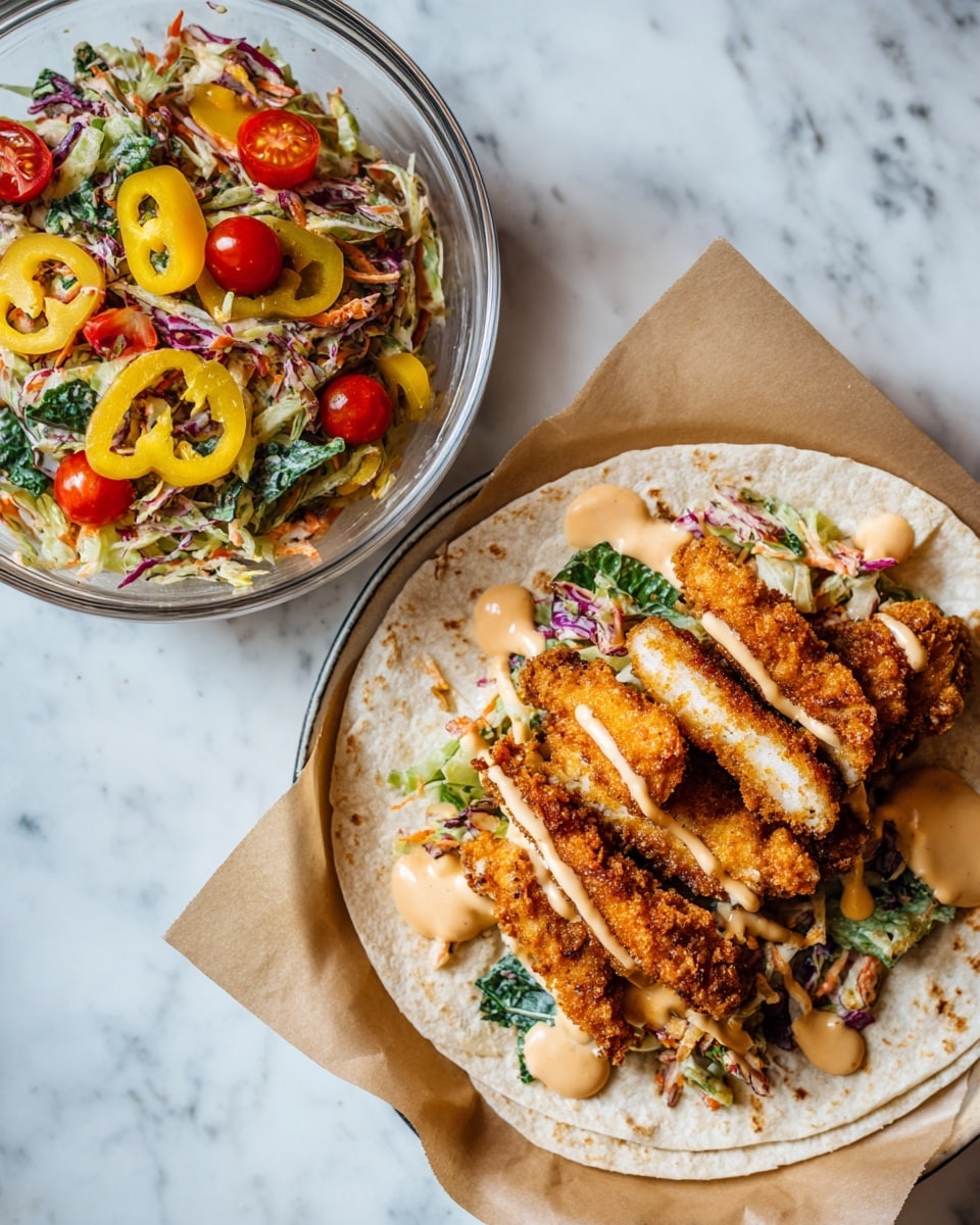 The image shows two parts: on the left, a clear glass bowl with a colorful mix of cabbage, sliced red cherry tomatoes, and yellow pepper rings with a light dressing, set near a white plate lined with brown parchment paper holding crispy golden fried chicken strips. On the right, a tortilla wrap lies flat on a white marbled surface, layered with the same cabbage and vegetable mix, two crispy fried chicken strips on top, and a drizzle of creamy, light tan sauce over the chicken, showing bright and warm tones. photo taken with an iphone --ar 4:5 --v 7