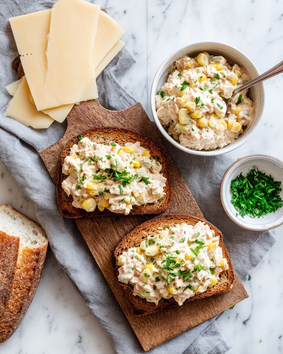 The image shows three square pieces of open-faced sandwiches on a small white plate and a wooden board. Each sandwich has a thick bottom layer of soft bread topped with a chunky mixture of chicken, red bits, and other ingredients, then covered with a melted layer of white cheese that glistens with slight browning. Small green cilantro leaves are sprinkled on top. In the background, there is a white bowl filled with diced chicken, green pickled peppers, red onion, and cherry tomatoes. The scene is set on a white marbled surface with some scattered herbs and sliced red onions. photo taken with an iphone --ar 4:5 --v 7