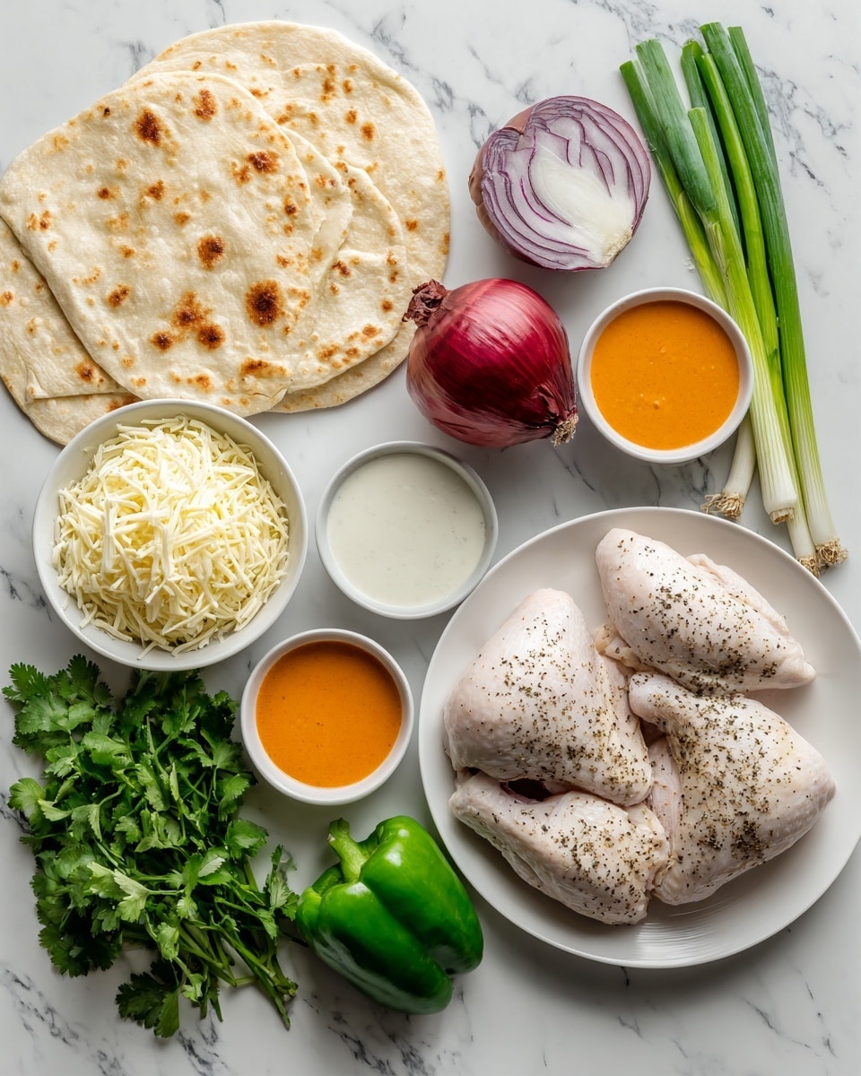 This image shows a top-down view of ingredients arranged neatly on a white marbled surface. There are two raw chicken pieces seasoned with black pepper on a white plate near the bottom right. To the left of the plate, shredded mozzarella cheese sits in a white bowl. Above the cheese, two pieces of flatbread or naan rest folded on the surface. Moving upward, there are a halved red onion, three cloves of garlic, three stalks of green onion, a halved green bell pepper, and a bunch of fresh cilantro. Two small round white bowls hold ranch sauce and bright orange buffalo sauce, placed near the center. Everything is spaced out clearly and labeled for identification. Photo taken with an iphone --ar 4:5 --v 7