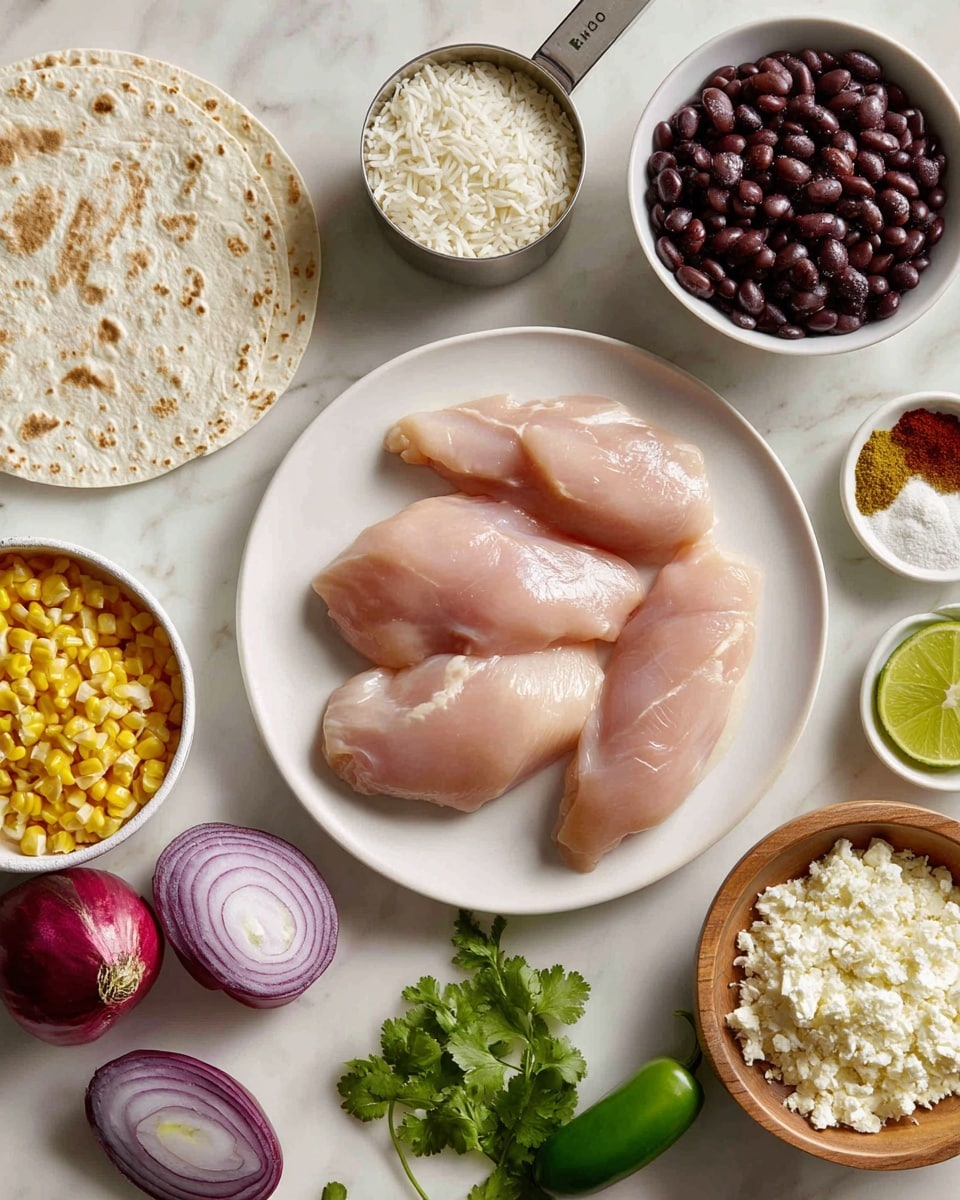 A white plate holds three pieces of raw chicken with a smooth pale pink texture, placed on a white marbled surface. To the left is a white tortilla with a whole red bell pepper on top, both sitting on the same white marbled surface. Above the tortilla is a metal measuring cup filled with white rice grains. Next to the rice are two small white bowls, one with yellow corn kernels and the other with a white creamy sour cream. At the top left corner sits a halved red onion showing purple and white rings, a whole green jalapeño pepper, a small white bowl with dark reddish-brown chipotle peppers in sauce, and a square white bowl with four types of seasonings in different colors: yellow, white, red, and brown. In the center top is a pale green bowl filled with dark brown to black beans. To the right is a small wooden bowl with white crumbly cotija cheese chunks and fresh green cilantro leaves lying loosely beside it. At the bottom right corner, a small white bowl contains light yellow olive oil, and a whole lime with light yellow-green skin rests near the top right. photo taken with an iphone --ar 4:5 --v 7