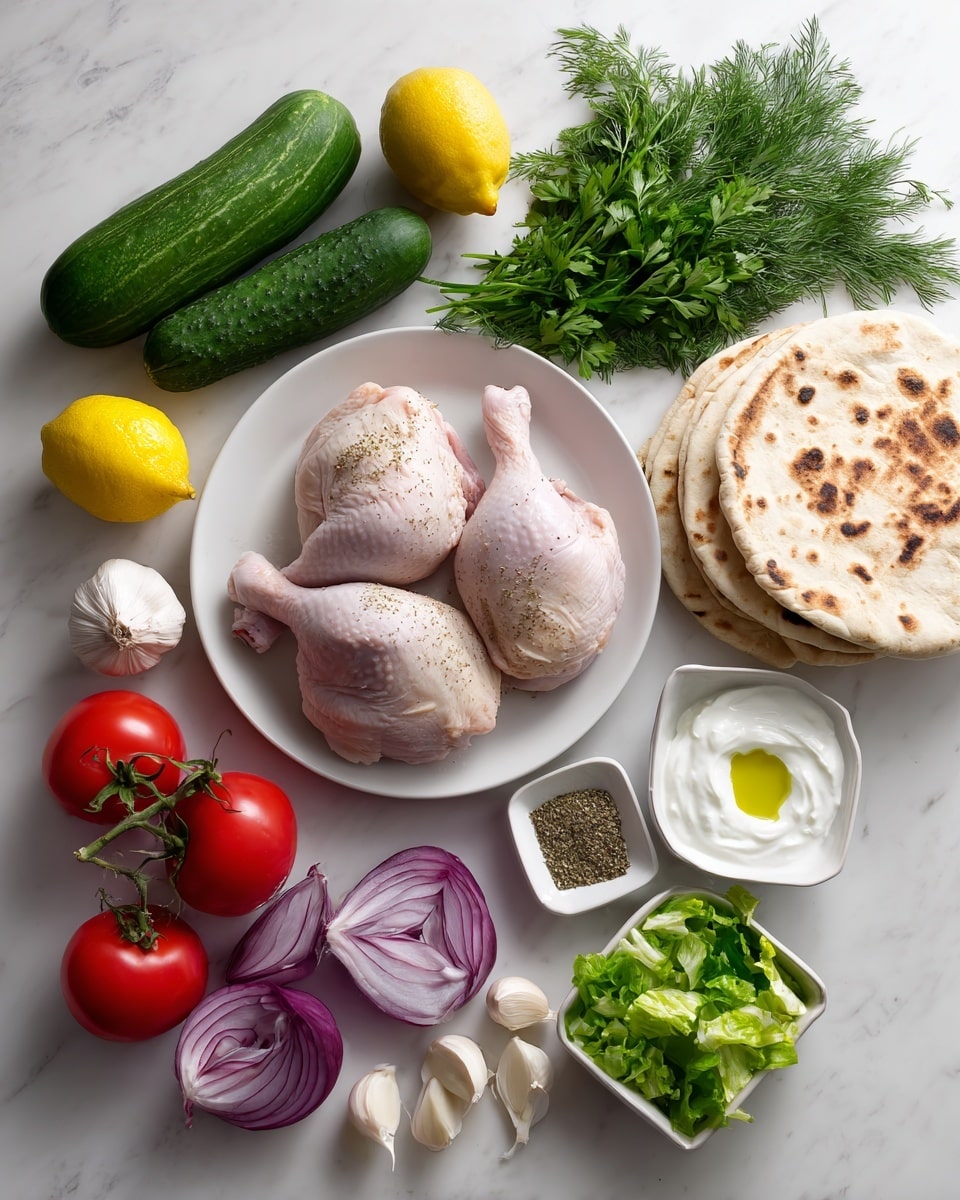 This image shows ingredients for a meal arranged on a white marbled surface. There are two raw chicken pieces on a plain white plate with a small white bowl of oil next to them. Beside the plate, a bunch of fresh green parsley leaves lies on the surface. Near the top right, there are two soft pita breads stacked, next to a small white bowl filled with smooth plain Greek yogurt. Above the yogurt, fresh green dill sprigs rest loosely. To the left side, a group of small, shiny red tomatoes is placed near a whole green cucumber and a bright yellow lemon. Four garlic cloves are arranged near the lemon, and next to them is a pile of thinly sliced purple onion. Below the chicken plate, a small white bowl holds chopped green Romaine lettuce. Nearby, a small white square bowl with a mix of dry seasonings sits on the surface. The whole arrangement is bright and clean, showing fresh and colorful ingredients. Photo taken with an iphone --ar 4:5 --v 7