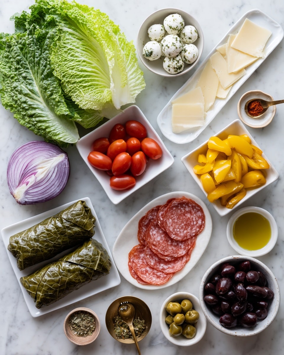 The image shows many ingredients arranged neatly on a white marbled surface. At the center bottom are two green herb wraps with a bumpy texture. To the left of the wraps is a small white square bowl with mixed seasoning in light brown and green colors. Above the seasoning is a white bowl filled with small red tomatoes. Left side shows a fresh green romaine lettuce leaf with a crinkled texture. Above the lettuce is a white plate with thin, pale yellow parmesan cheese slices. To the top right of the parmesan is a white bowl with small white mozzarella balls topped with herbs. Next to mozzarella is a white bowl filled with bright yellow banana peppers. Below these is a smaller white bowl with dark black olives that look shiny. Near the olives is a small white container holding amber-colored vinegar. To the right of the vinegar is a gold measuring spoon filled with olive oil. Below the olive oil is a white bowl with slices of red salami and orange pepperoni. In the middle of the image is a half-sliced purple onion with light purple rings showing. The clean, organized layout with smooth and crisp colors emphasizes freshness and variety photo taken with an iphone --ar 4:5 --v 7