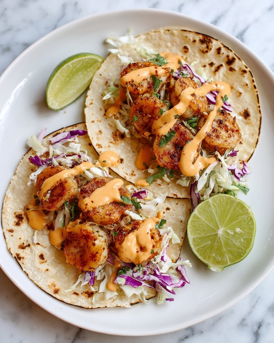 Two tacos on a white plate with slight char marks on the edges of the soft, light beige tortillas. Each taco has a base layer of shredded cabbage slaw showing white and purple colors mixed with small green herbs. On top, there are several golden brown cooked shrimp pieces seasoned with spices. A drizzle of creamy orange sauce is spread unevenly over the shrimp. Two lime wedges in bright green color are on the plate next to the tacos. The plate is set on a white marbled surface. Photo taken with an iphone --ar 4:5 --v 7