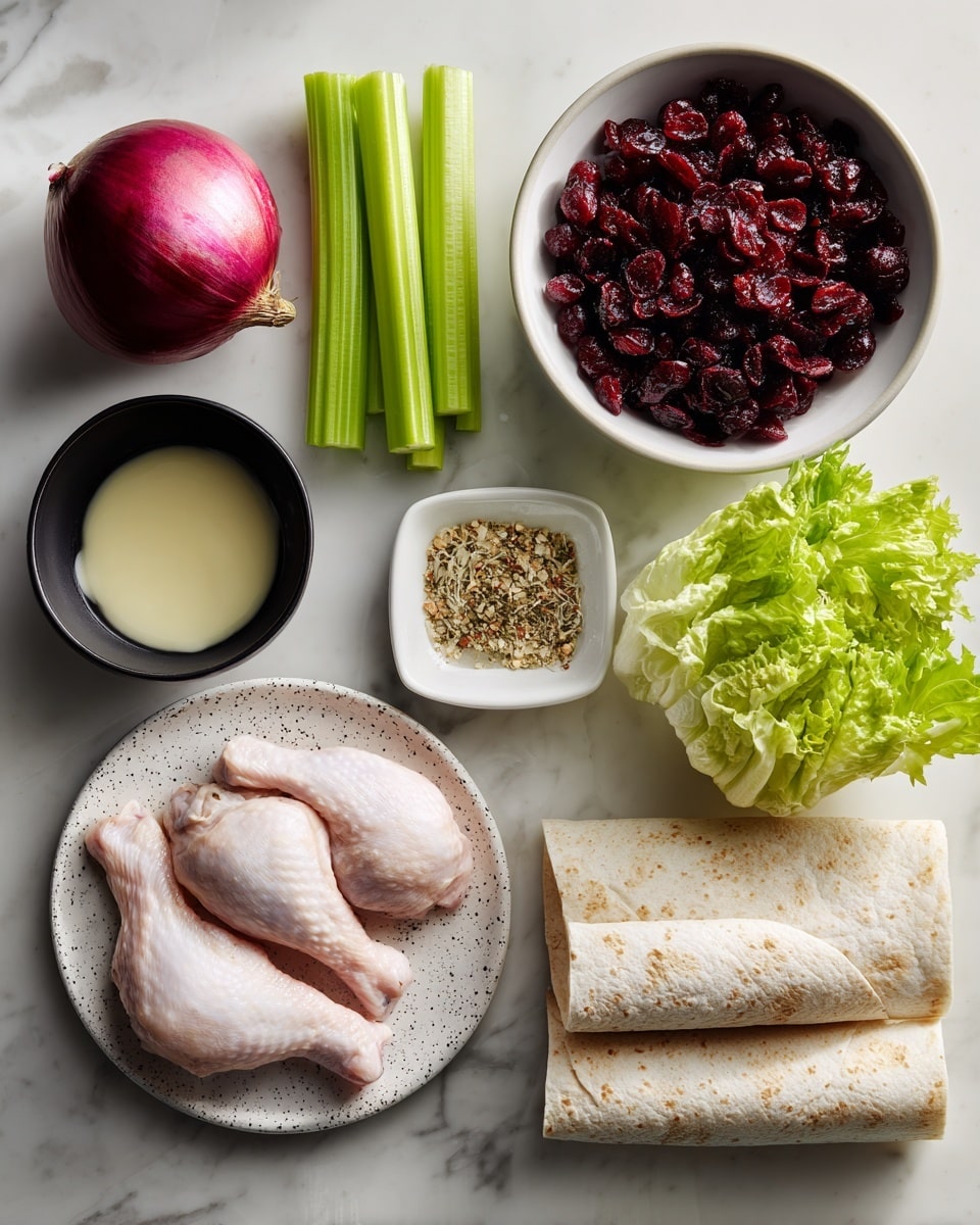 The image shows ingredients arranged neatly on a white marbled surface in a grid-like pattern. At the bottom left, two raw chicken pieces sit on a white plate with black speckles. Above them to the left is a whole red onion, and next to it, three green celery stalks lie horizontally. Above the celery is a white bowl filled with dark red dried cranberries. To the right of the cranberries, a small black bowl contains a mix of whole grain mustard on top and white mayo underneath. Below this bowl, a small white square dish holds mixed seasoning with visible herbs and spices. To the right side of the image, there are two beige wraps stacked on top of each other, and below them is a small bunch of light green romaine lettuce. Near the top right corner is a small white cup filled with clear oil. All items are cleanly placed with space around them, and the lighting is natural and bright. Photo taken with an iphone --ar 4:5 --v 7