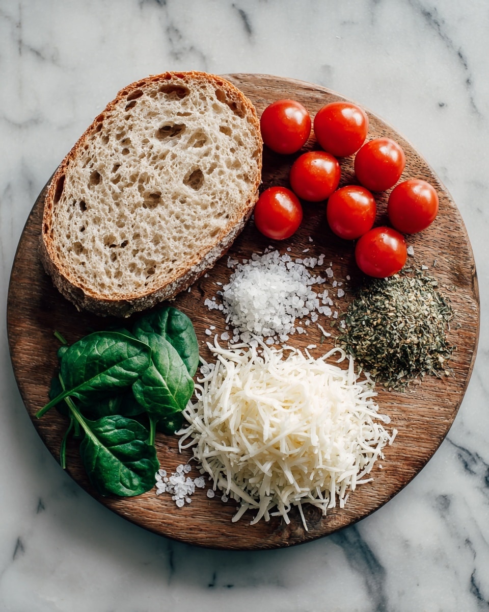 A round wooden board holds six main items arranged neatly on a white marbled surface. Starting from the left, there is a single slice of light brown whole grain bread, showing a textured surface with small holes and grains. Above the bread is a cluster of bright red cherry tomatoes with a smooth shiny skin. To the right, there is a small pile of dried greenish oregano flakes with a coarse texture. Next to it, a heap of white shredded cheese, fine and stringy, occupies the space. Below the oregano is a small mound of coarse white salt grains scattered lightly. At the bottom left, near the bread, lies a small bunch of fresh dark green spinach or basil leaves with a smooth and slightly shiny texture. photo taken with an iphone --ar 4:5 --v 7