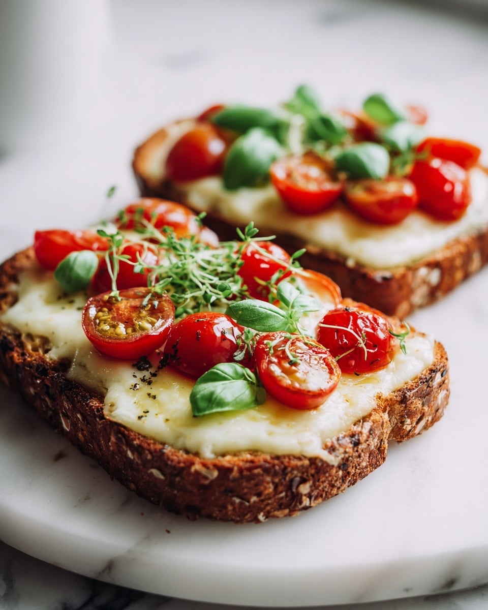 A woman's hand is holding a slice of toasted multigrain bread with visible seeds and a dark brown crust, topped with a layer of melted white cheese that has golden brown spots. On top of the cheese, there are bright red cherry tomato halves and fresh green basil leaves scattered around. In the background, more slices of similar toast with the same toppings rest on a white plate, with a white cloth featuring black stitches nearby, all placed on a white marbled surface. photo taken with an iphone --ar 4:5 --v 7