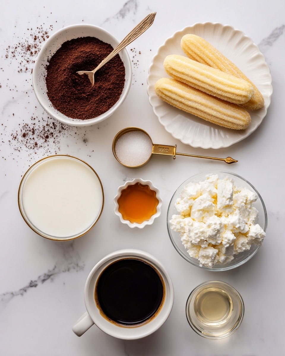 The image shows several ingredients arranged on a white marbled surface. At the top left is a white bowl with a spoon holding dark brown cocoa powder with some scattered around. To the right is a white plate with a stack of five light golden lady fingers with a slightly textured sugary surface. Below the cocoa powder is a gold measuring cup filled with white sugar. Near the center is a small white scalloped dish with a smooth amber-colored vanilla liquid. To the right is a small white bowl holding a clear light yellow liquid labeled as optional rum. Below the vanilla dish is a clear glass bowl filled with white farmer cheese or cottage cheese showing a somewhat soft texture. On the bottom left is a clear glass bowl of white milk. Next to it is a white ceramic cup filled with dark brown espresso coffee. The entire scene is bright and clean, set on a white marbled surface, labeled clearly with ingredient names. photo taken with an iphone --ar 4:5 --v 7
