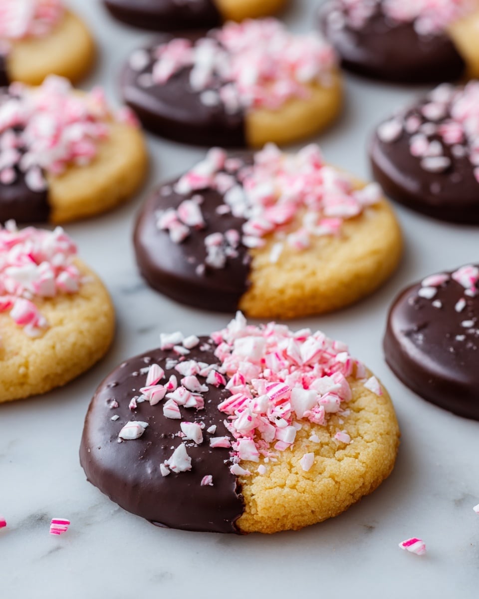 The image shows a white round plate with several round shortbread cookies arranged on it. Each cookie has two parts: one half is plain light golden brown with a crumbly texture, and the other half is dipped in smooth dark chocolate with crushed red and white peppermint candy pieces sprinkled on top, adding a rough, colorful texture. The plate is lined with crinkled white parchment paper. In the background, there is a white bowl filled with crushed peppermint and a clear glass container holding red-and-white striped candy canes, all set on a white marbled surface. photo taken with an iphone --ar 4:5 --v 7