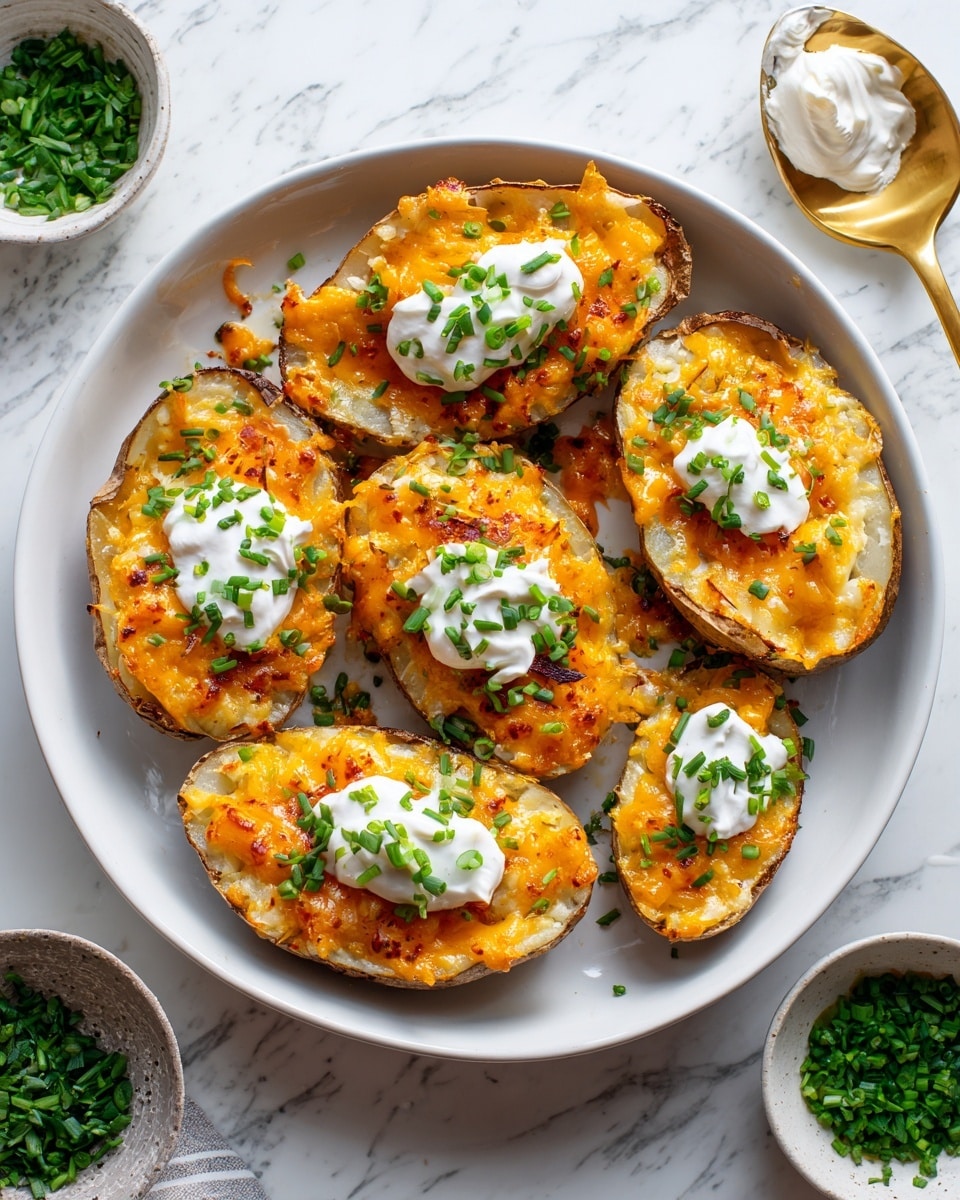 The image shows two twice-baked potato halves on a light green plate, each topped with a layer of golden melted cheese mixed with small pieces of red pepper, a dollop of white sour cream, and sprinkled with bright green chopped chives. The potatoes have a slightly crispy brown skin and a soft, creamy inside with some baked bits. Next to the plate is a baking tray lined with brown parchment paper holding more potatoes topped with the same melted cheese mixture and garnished with chopped chives. A small gray bowl filled with more chopped chives and a spoon with white sour cream are also visible on the tray. The setting is on a white marbled surface. photo taken with an iphone --ar 4:5 --v 7