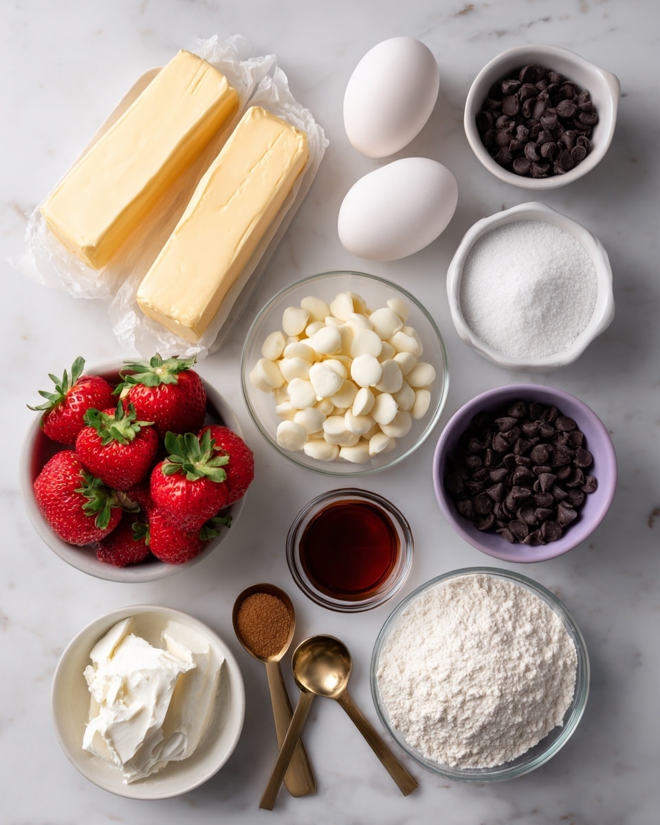 The image shows labeled ingredients arranged neatly on a white marbled surface. At the top center, there are two sticks of light yellow butter wrapped in paper. To the left, there are two white eggs in a small white bowl, and below that is a clear bowl filled with white all-purpose flour. Below the flour bowl, to the left, is a small white bowl holding bright red strawberries with green leaves. To the right of the strawberries, there is a white dish with white cream cheese. Above the cream cheese, a small purple bowl holds white baking soda and salt. To the right of the butter, a clear glass bowl contains white round white chocolate chips. Below the butter, a small white bowl filled with dark brown vanilla extract is placed. A golden measuring spoon filled with brown sugar is next to the vanilla extract, and below it, another golden measuring spoon holds white powdered sugar. Finally, to the right, there is a clear bowl filled with white granulated sugar. photo taken with an iphone --ar 4:5 --v 7