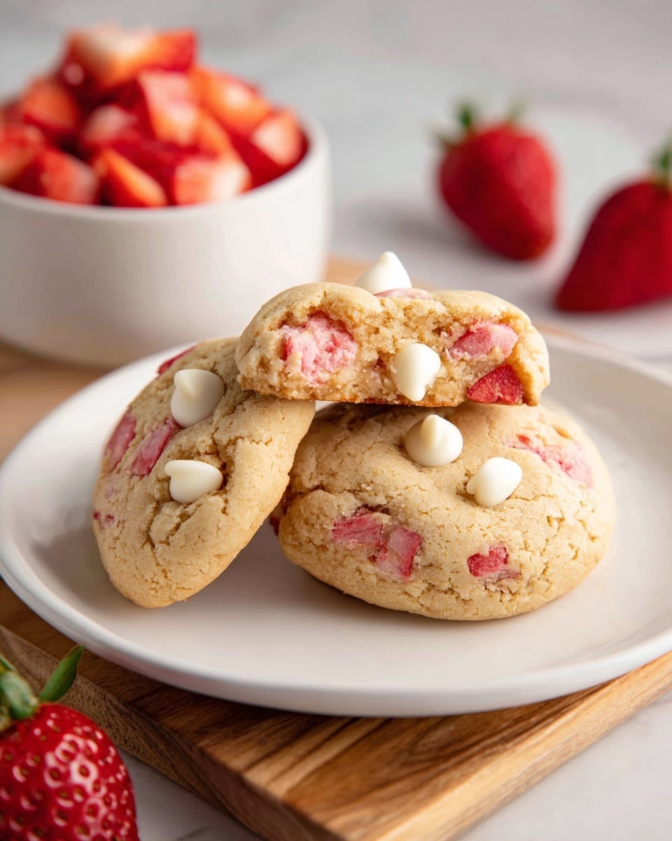 A stack of two biscuit halves filled with a thick, white cream cheese layer and small pieces of red strawberries inside and on top. The biscuit has a rough, crumbly texture with a light golden brown color. The plate beneath is white and filled with scattered chopped strawberries, adding bright red and soft pink colors. The background is a white marbled texture. Photo taken with an iphone --ar 4:5 --v 7