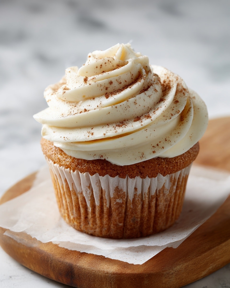 A cupcake wrapped in printed white parchment paper with a soft golden brown base topped with one thick layer of creamy white frosting, swirled in a circular motion with smooth texture, and lightly sprinkled with brown cinnamon powder. The cupcake is placed on a wooden board with a white marbled textured background visible around. Photo taken with an iphone --ar 4:5 --v 7