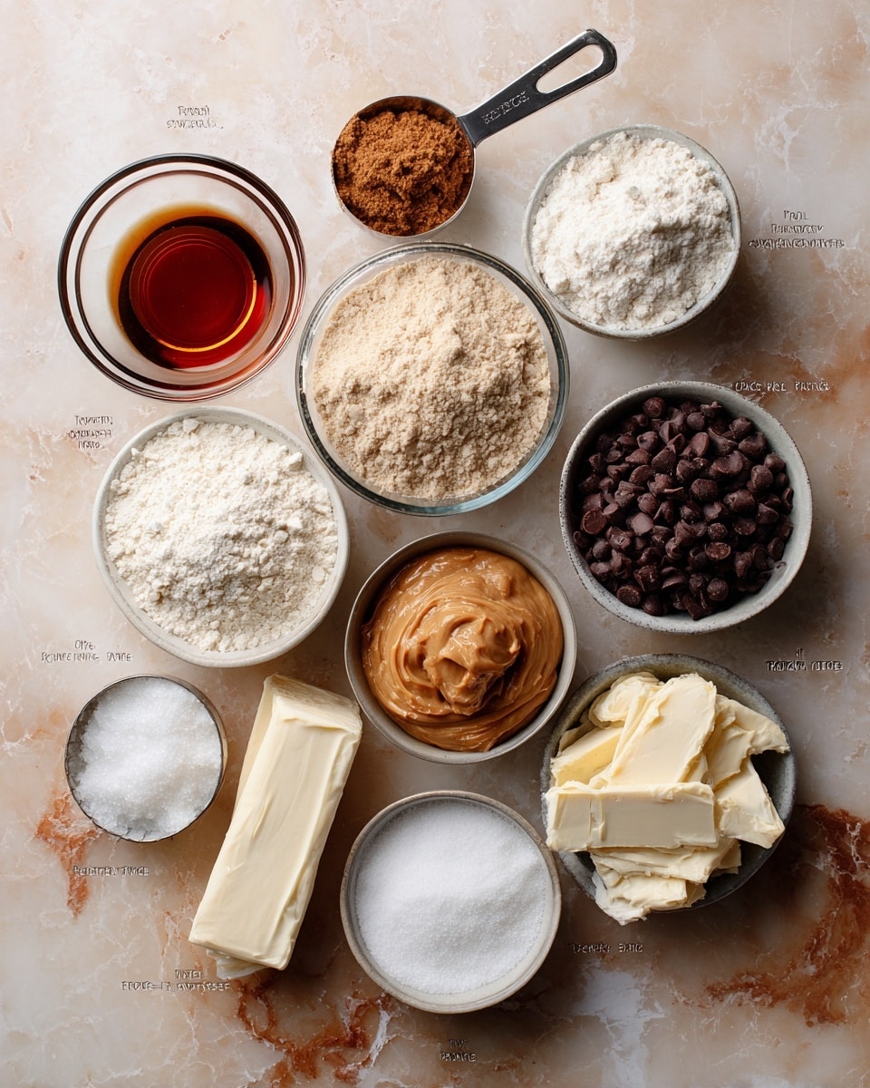 A top view of various baking ingredients arranged on a light brown surface with a white marbled texture, each labeled. There is a small clear glass bowl with dark amber vanilla extract, a metal measuring cup filled with brown sugar, a metal measuring cup with white all purpose flour, a small white bowl with light brown applesauce, a metal measuring cup with white granulated sugar, a metal measuring cup with creamy peanut butter, a small white bowl of dark and milk chocolate chips, a small beige bowl with white baking soda, and a stick of vegan butter wrapped in white paper. All items are spread out in a loose circle with clear labels above or beside each. Photo taken with an iphone --ar 4:5 --v 7