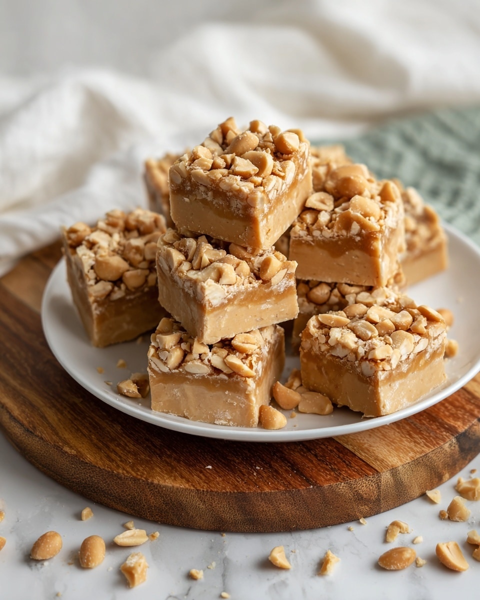 A close-up shows a woman's hand holding a square two-layer dessert bar with a soft, pale beige bottom layer that looks moist and crumbly, topped by a thicker, creamy peanut butter colored top layer with a smooth texture. The top is scattered with crushed peanuts and a sprinkle of salt flakes, adding a crunchy contrast. More pieces of the same dessert are seen blurred in the background, placed on a white plate on a white marbled surface. Photo taken with an iphone --ar 4:5 --v 7