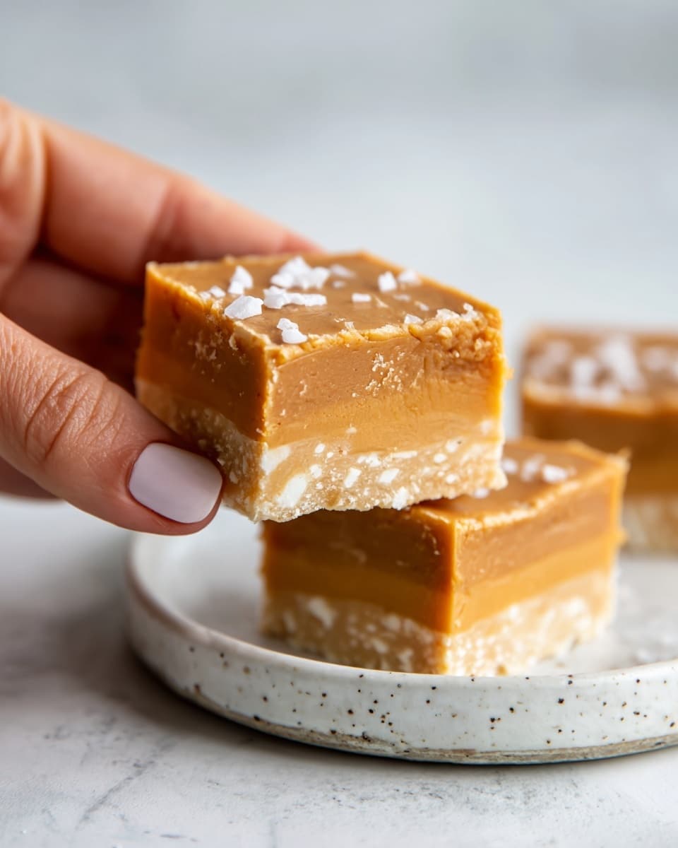 A close-up of a woman's hand holding a thick square piece of light brown fudge with small white chunks inside. The top layer is smooth and sprinkled with small white flakes. Another piece of the same fudge is visible on a white plate with subtle speckles, placed on a white marbled surface. The fudge has a dense, slightly crumbly texture with layered color variations of light caramel and cream. Photo taken with an iphone --ar 4:5 --v 7