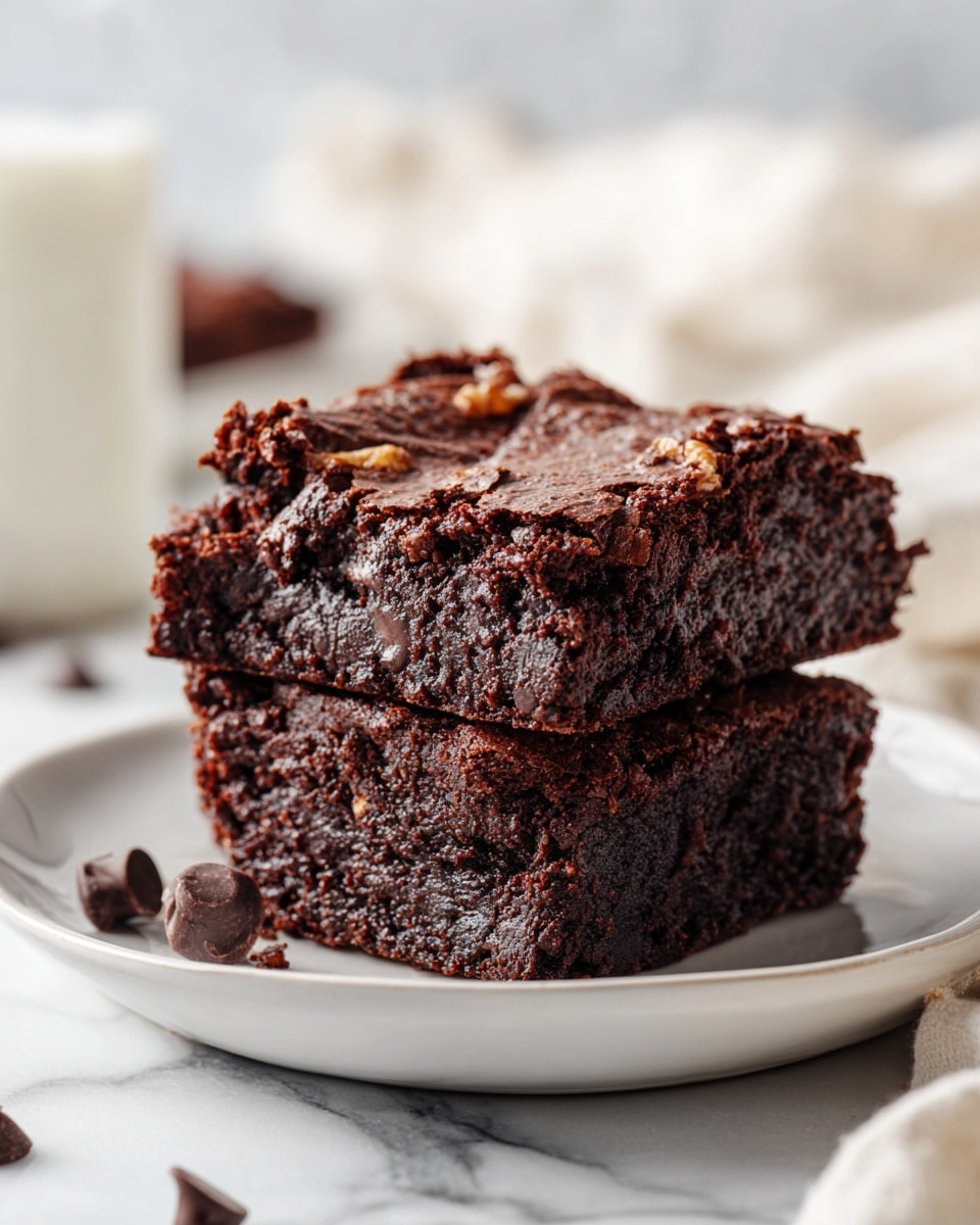 There are two thick, dark brown brownie squares stacked on a white plate. The top brownie has a rough, slightly cracked surface with large walnut pieces scattered on top and baked inside. The brownie texture looks dense and moist, with some visible chocolate chips mixed in. The plate is placed on a white marbled surface, and there is a blurred box of baking powder in the background. Photo taken with an iphone --ar 4:5 --v 7