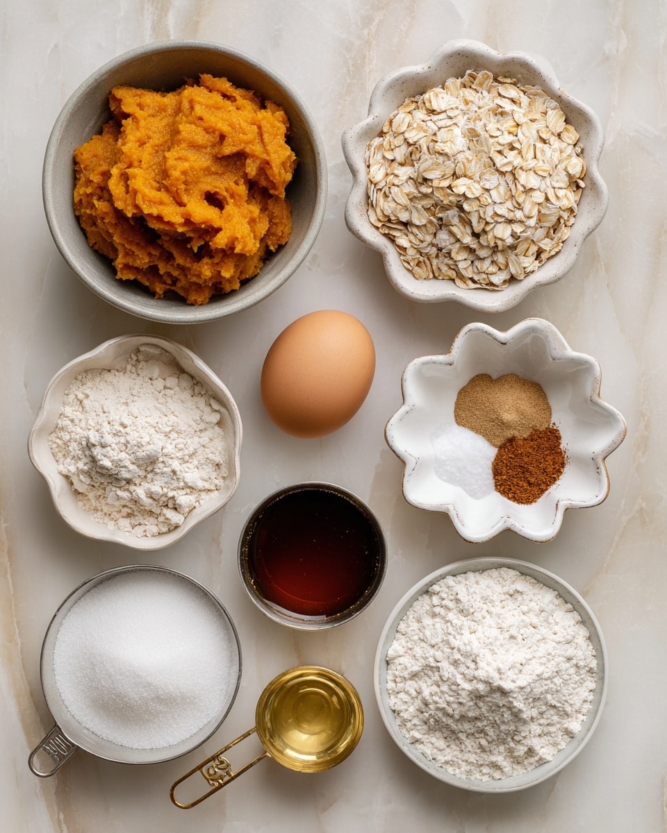 This image shows several ingredients for baking arranged on a white marbled surface. There is a small gray bowl on the top left filled with bright orange pumpkin purée with a smooth texture. Below it, a silver measuring cup holds light brown oats that look dry and flaky. To the right of the pumpkin purée is a small white flower-shaped bowl with a brown egg in it. Below this, another white flower-shaped bowl holds white baking powder and brown spices mixed together. Next to it on the right, a small white bowl contains dark brown vanilla extract with a shiny surface. Below that, a silver measuring cup holds white granulated sugar to the right. At the bottom right, a silver measuring cup is filled with white all-purpose flour with a soft powdery look. At the bottom left, a white bowl is filled with white powdered sugar which looks fluffy and light. Near the center bottom, a gold measuring cup filled with clear, golden coconut oil shines with a liquid texture. All items are neatly spaced and clearly labeled. The photo was taken with an iphone --ar 4:5 --v 7
