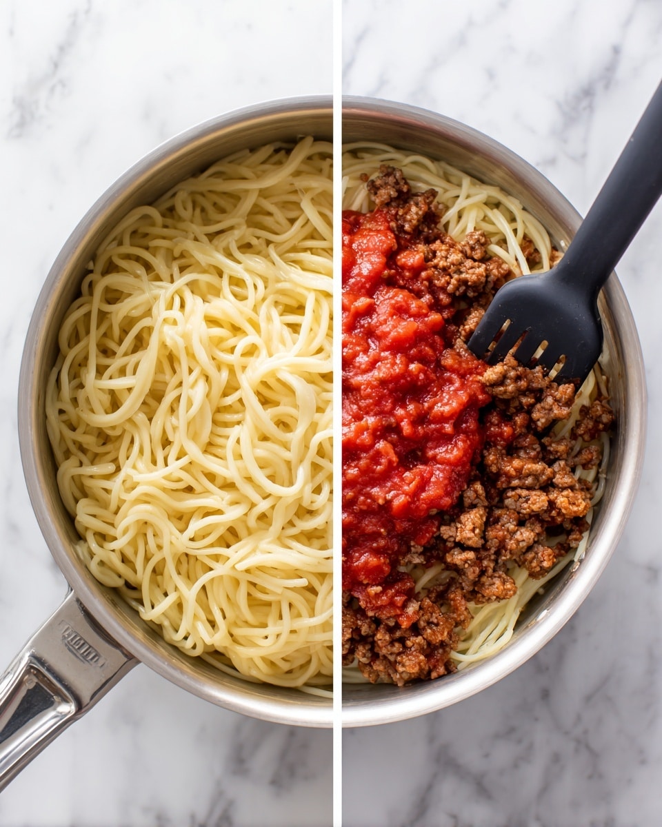 Two images side by side on a white marbled surface showing stages of making spaghetti. The first image shows a white pot filled with plain cooked spaghetti, light yellow in color, with smooth texture, evenly spread inside the pot. In the second image, the same white pot now holds three layers: a bottom layer of cooked spaghetti, a middle layer of bright red tomato sauce covering part of the spaghetti, and a top layer of cooked ground meat in small brown chunks scattered mostly on one side. A black spatula is lifting the meat and sauce over the spaghetti. Photo taken with an iphone --ar 4:5 --v 7