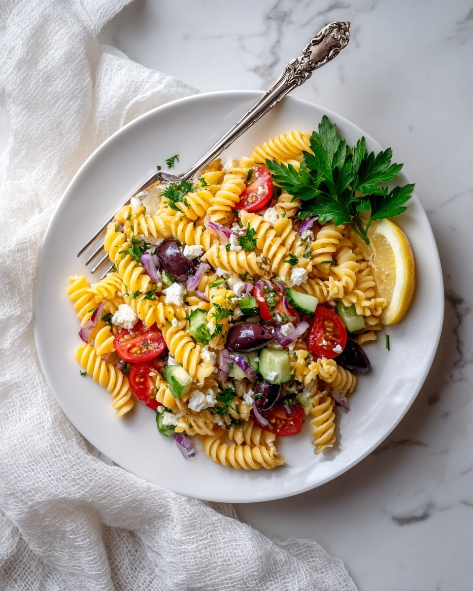 A white plate holds a fresh pasta salad made of three visible layers: the base layer is yellow rotini pasta spirals, mixed in with bright red halved cherry tomatoes and light green cucumber chunks. Scattered throughout are small pieces of white feta cheese and dark brown olives, mixed with bits of purple onion and chopped green herbs. On the side of the plate is a small wedge of lemon and two sprigs of fresh green parsley, adding color contrast. A silver fork with a decorative handle rests on the top side of the plate, with some salad on its prongs. The plate sits on a crumpled white textured cloth on top of a white marbled surface. Photo taken with an iphone --ar 4:5 --v 7