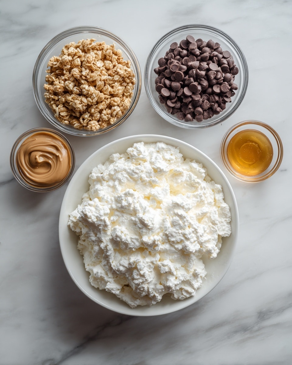 The image shows a white bowl filled with a thick layer of white cottage cheese with a creamy, lumpy texture. Above this bowl, there is a small clear glass bowl filled with dark brown chocolate chips that have a smooth and shiny surface. To the left of the chocolate chips, there is another small clear glass bowl filled with golden brown granola that looks crunchy and crumbly. Below the cottage cheese bowl, two small clear glass bowls are placed side by side; the left one has smooth, light brown peanut butter, and the right one holds golden honey with a shiny, liquid texture. All items are placed on a white marbled surface photo taken with an iphone --ar 4:5 --v 7
