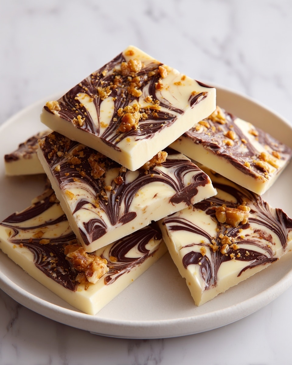 A white plate stacked with several square pieces of bark chocolate, each piece has two main layers: a creamy white base layer with a smooth texture and a dark brown chocolate layer swirled in an artistic pattern on top, creating a marbled effect. Scattered across the surface of the bark are small golden crunchy bits that add texture and color contrast, making the pieces look rich and inviting. The plate sits on a white marbled textured surface, enhancing the clean and bright presentation. photo taken with an iphone --ar 4:5 --v 7