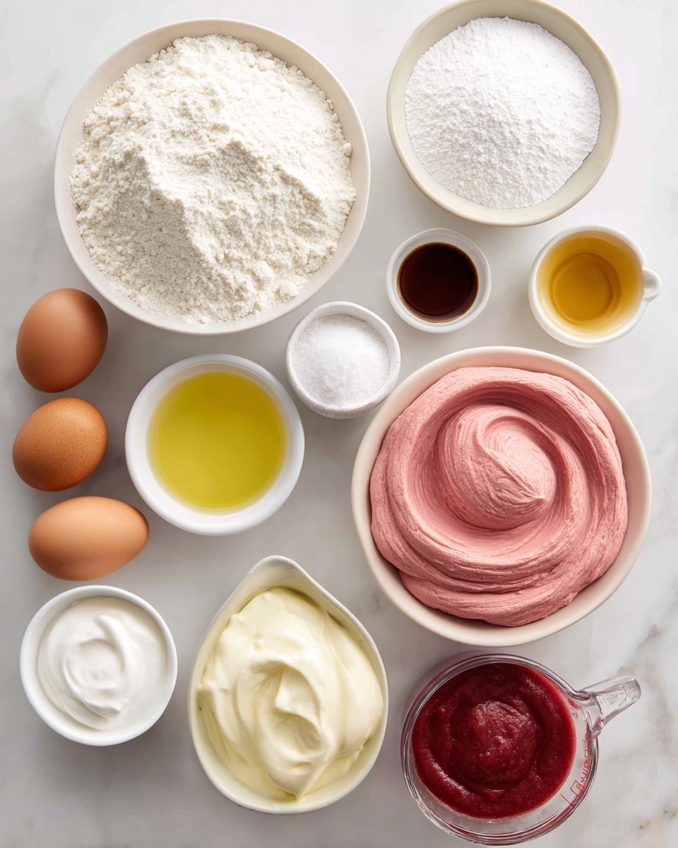 A white bowl filled with fluffy white cake flour sits at the top left, next to a small white bowl with fine white baking powder and baking soda. A tiny white bowl with light salt is next to the baking soda. Below these, a white bowl holds three brown eggs. Near the eggs is a small white bowl of clear yellow avocado oil and a tiny white bowl of brown vanilla extract. Below to the left, a round white bowl holds white sugar or maple syrup, and next to it is a white cup filled with smooth Greek yogurt. At the bottom right, a large white bowl is filled with soft, pink strawberry frosting, and beside it, a clear measuring cup contains thick, red strawberry puree. All items rest on a white marbled surface. Photo taken with an iphone --ar 4:5 --v 7