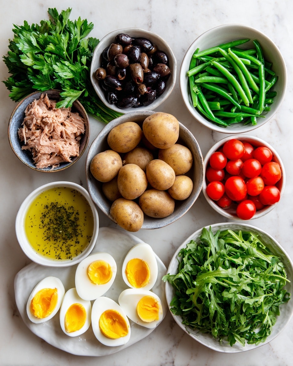 The image shows a variety of fresh ingredients arranged on a white marbled surface. There is a cluster of whole brown potatoes in a small bowl at the center, surrounded by separate bowls and plates holding different items: bright green fresh parsley at the top, a bowl of shiny dark kalamata olives to the left, and a white bowl of vibrant green beans to the right. Below the olives is a small white bowl containing light pink canned tuna flakes, and next to it is a white plate with two whole hard-boiled eggs and one sliced in half, showing a yellow yolk. In the center is a small bowl of yellow lemon vinaigrette dressing with visible herbs, and to the bottom right is a bowl full of fresh dark green arugula. A small bowl filled with bright red tomatoes completes the spread at the bottom. The overall composition is clean and colorful with layers of natural textures and fresh produce, photo taken with an iphone --ar 4:5 --v 7
