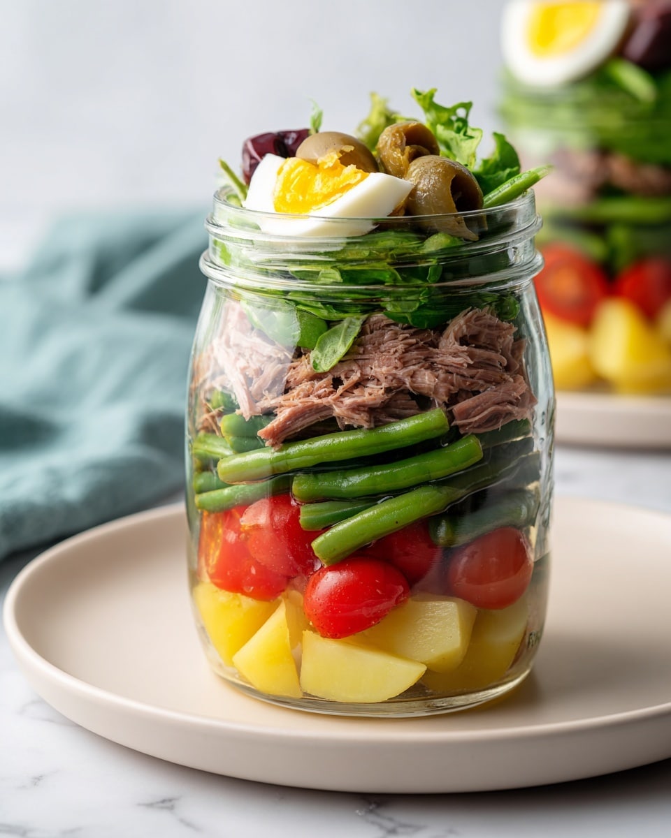 Two glass jars with metal lids hold layered salads and sit on a white marbled surface. Each jar has five clear layers visible: bright yellow dressing at the bottom, followed by green beans and yellow potato slices, then halved red cherry tomatoes, a layer of light pink tuna, black olive slices, a quarter of a boiled egg with a yellow yolk, and a top layer of fresh green leafy arugula. A woman's hand is placing the lid on the right jar. Some fresh green herbs lie scattered on the white marbled surface near the jars. photo taken with an iphone --ar 4:5 --v 7