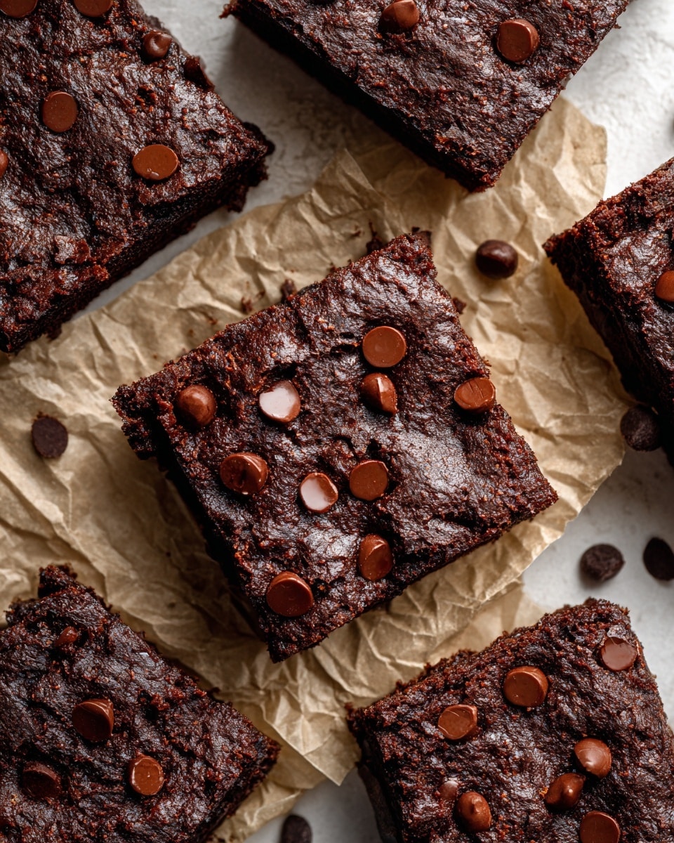 A close-up view of nine dark brown chocolate brownies arranged in three rows on light brown parchment paper. Each brownie is thick and square-shaped with a moist and dense texture visible at the edges. The top layer is covered with small round chocolate chips unevenly spread, adding a shiny and slightly rough texture. The parchment paper underneath adds a crinkled texture in the background, while the entire scene is set on a white marbled surface that is slightly blurred at the bottom. The focus is on the front-center brownie, making the others softly out of focus in the background. Photo taken with an iphone --ar 4:5 --v 7