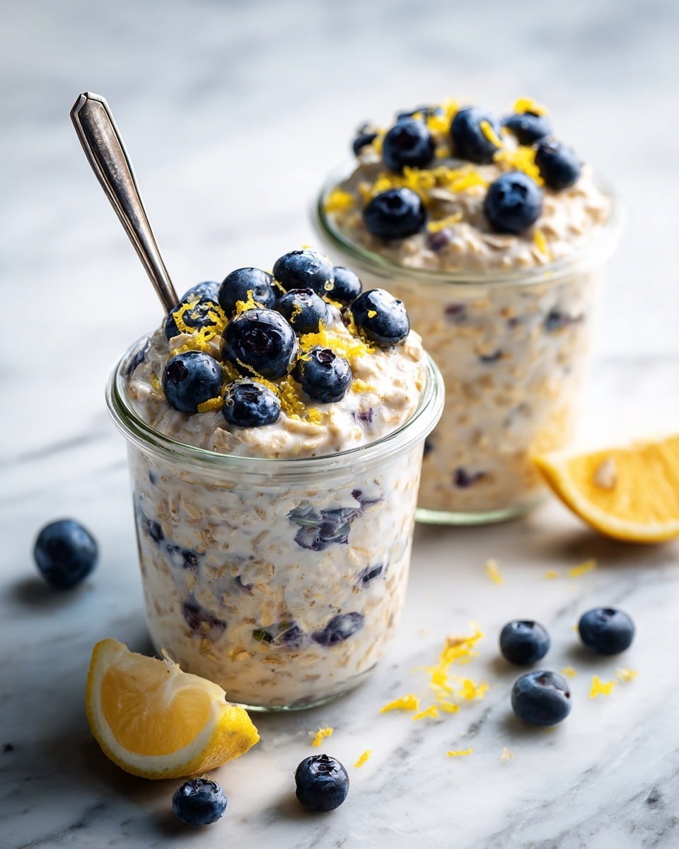 This image shows two glass jars filled with three layers of food. The bottom layer is creamy oats with a light beige color and a soft texture. The middle layer is a mix of oats and small bits of lemon zest, showing a slightly chunky texture. The top layer has a pile of plump, dark blue blueberries sprinkled with bright yellow lemon zest shreds. The jars rest on a white marbled surface, with some loose oats, blueberries, and lemon wedges scattered around. A silver spoon lies near the jars and a woman's hand is seen holding one of the jars. Photo taken with an iphone --ar 4:5 --v 7