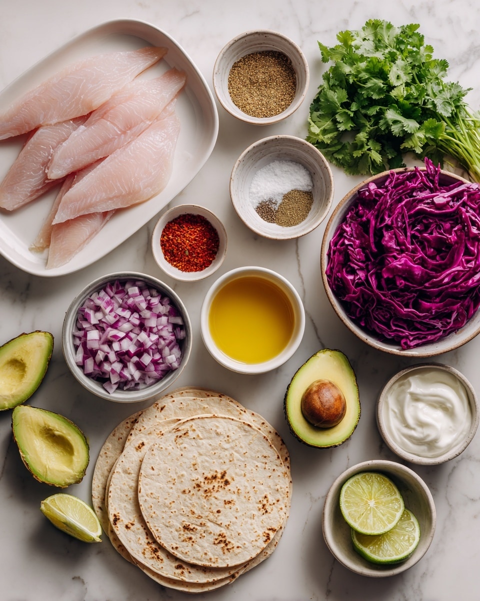 The image shows small white bowls and plates with fresh ingredients arranged neatly on a white marbled surface. There are three pale pink tilapia fillets in a white dish at the top left. Nearby, there are small white bowls with bright red cayenne pepper, brown cumin, white salt and black pepper, and beige garlic powder. Half a lime sliced into two parts shows its green inside to the right of the spices. Shredded deep purple red cabbage is in a small white bowl at the top right. Below it is a bunch of fresh green cilantro. To the lower left, a stack of pale corn tortillas lies in the center with one half of a bright green avocado nearby and another half showing a hollow where the pit was. A small white bowl of golden honey is near the lime, next to a bowl with pale yellow dijon mustard. Chopped purple red onion fills a small white bowl below. Lastly, a white bowl of creamy white Greek yogurt is placed near the onion. photo taken with an iphone --ar 4:5 --v 7