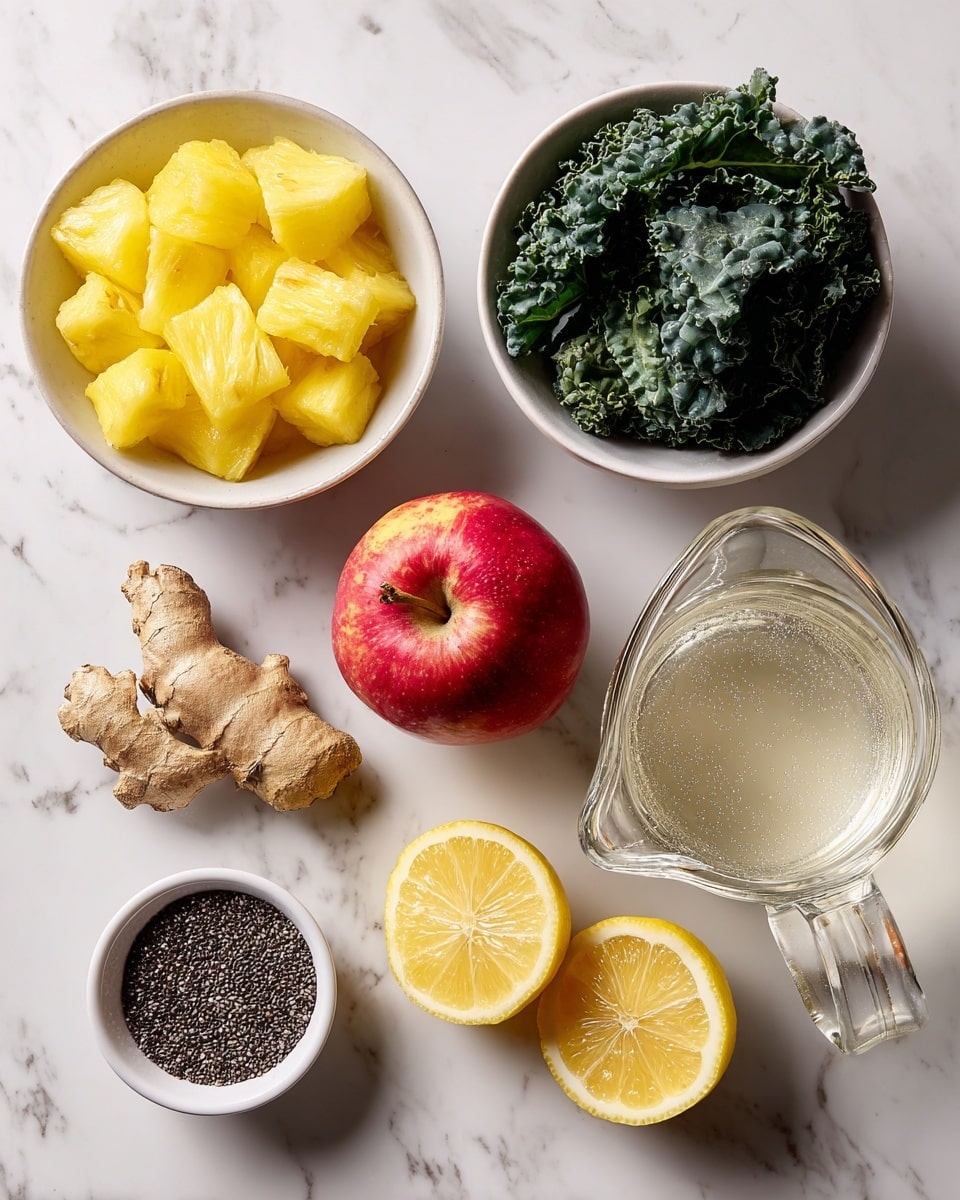 The image shows several ingredients arranged on a white marbled surface. At the top left, there is a white bowl filled with yellow frozen pineapple chunks, and to its right, a white bowl holds dark green kale leaves. Below the pineapple is a whole red apple with gradients of green and yellow near the top. At the center right, a clear glass pitcher contains a light, translucent liquid labeled as water or coconut water. Below the apple is a small piece of light brown ginger root. Near the bottom right, two lemon halves in yellow with visible seeds rest on the surface. Finally, at the bottom left, a small white bowl is filled with black chia seeds, showing their tiny round texture. Photo taken with an iphone --ar 4:5 --v 7
