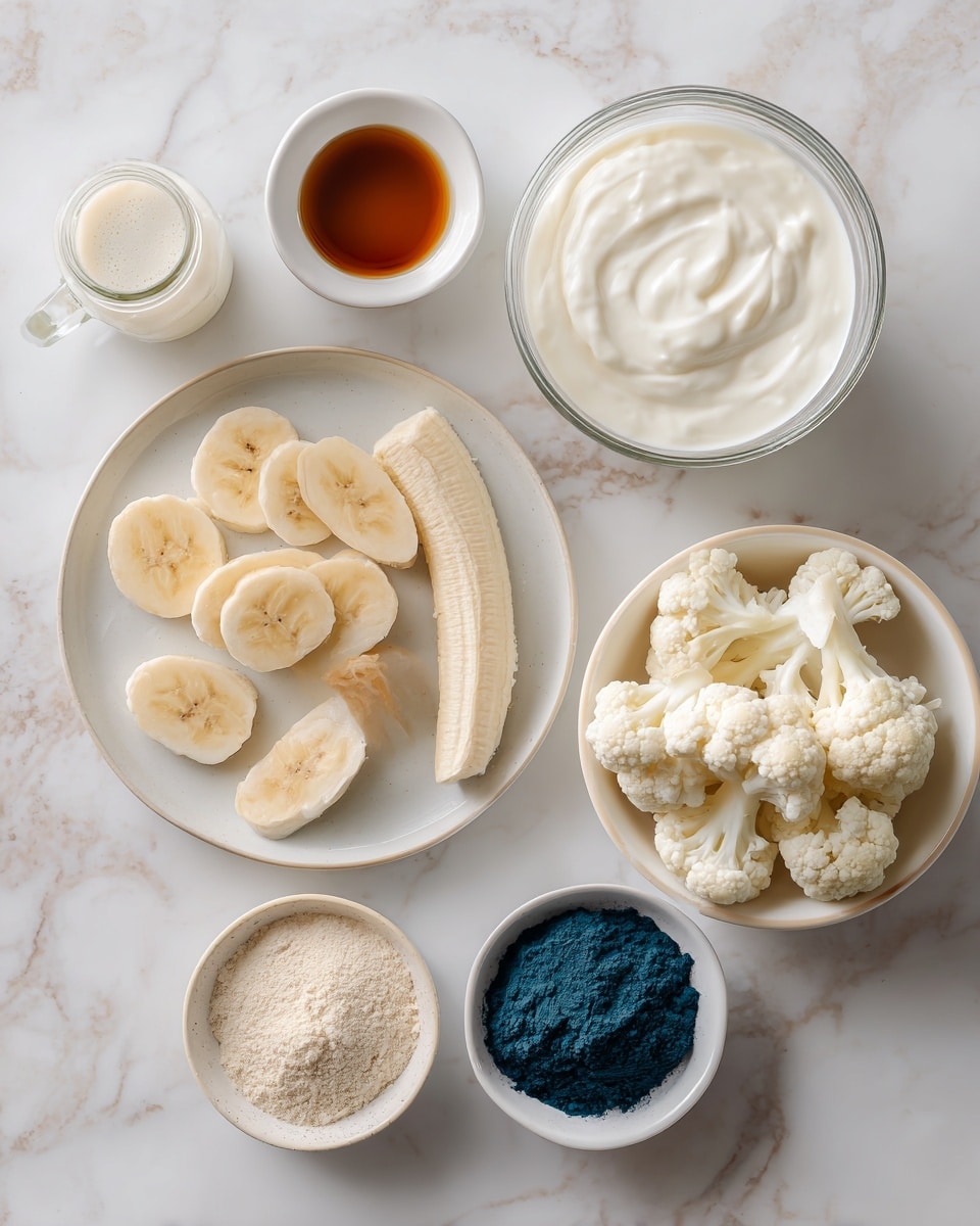 The image shows seven small white dishes each with a different ingredient placed on a white marbled surface. The largest white plate in the center holds several slices and small pieces of frozen banana, light yellow with soft edges, accompanied by a small white bowl of dark amber vanilla nearby. To the right is a medium white bowl filled with off-white frozen cauliflower florets with visible texture. In the bottom left corner, a small white bowl contains a fine light beige vanilla protein powder. Above it is a glass jar full of smooth, thick plain Greek yogurt, white in color. Above the yogurt is a white cup filled with pale almond milk. Lastly, in the bottom right corner, a small white dish contains bright blue spirulina powder with a dry, powdery texture. photo taken with an iphone --ar 4:5 --v 7
