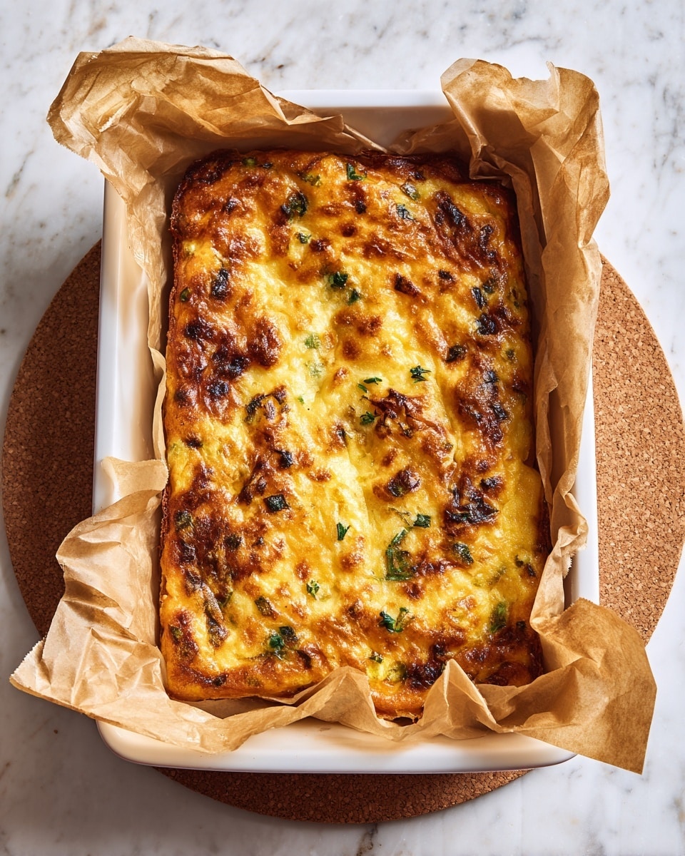 A golden brown baked dish sits in a white rectangular tray lined with crinkled light brown parchment paper, showing a slightly uneven surface with darker toasted spots and green flecks throughout, suggesting herbs or vegetables mixed inside. The edges are crispier and darker than the center, which is lighter yellow with visible soft texture, while some small darker patches add contrast. The tray rests on a round cork mat over a white marbled surface. photo taken with an iphone --ar 4:5 --v 7