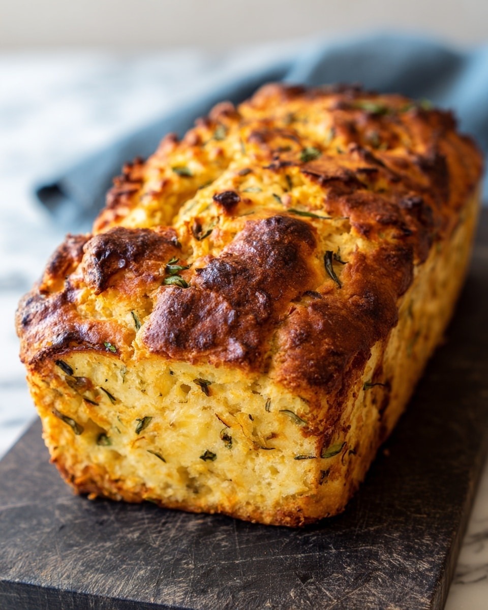 A golden brown baked loaf with an uneven, slightly crispy top, showing glossy patches and browned spots. The texture looks soft and fluffy inside, with small green and darker bits spread throughout the light yellow base, likely herbs or vegetables. The loaf is placed on a dark cutting board with visible knife marks, set against a white marbled surface with a soft focus blue cloth in the background. Photo taken with an iphone --ar 4:5 --v 7