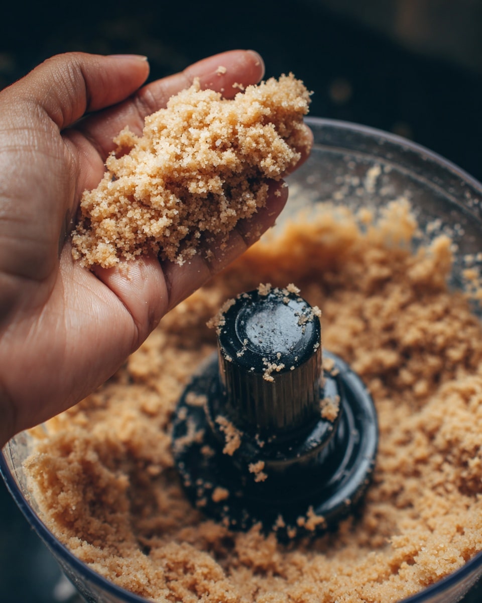 A close-up image shows a woman's hand holding light brown, crumbly mixture above a clear food processor bowl. The mixture looks soft and slightly coarse, with some crumbs around inside the bowl. The food processor's black blade and central part are visible in the middle, with a few crumbs stuck on it. The background is dark and blurred, making the hand and mixture the main focus. photo taken with an iphone --ar 4:5 --v 7