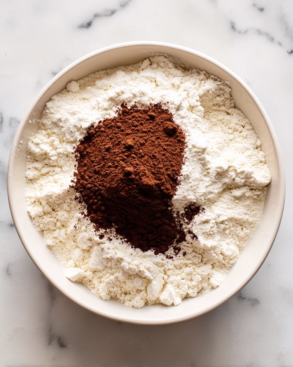 A white bowl sits on a white marbled surface filled with layers of dry ingredients. The bottom layer is a thick heap of white flour, which covers the entire bowl's base with a rough, powdery texture. On top, there are two smaller piles of brown cocoa powder placed side by side in the center, their fine texture creating a soft mound over the flour. The contrast between the white flour and dark cocoa powder is clear, with the cocoa powder slightly spilling over the edges onto the flour around it. Photo taken with an iphone --ar 4:5 --v 7