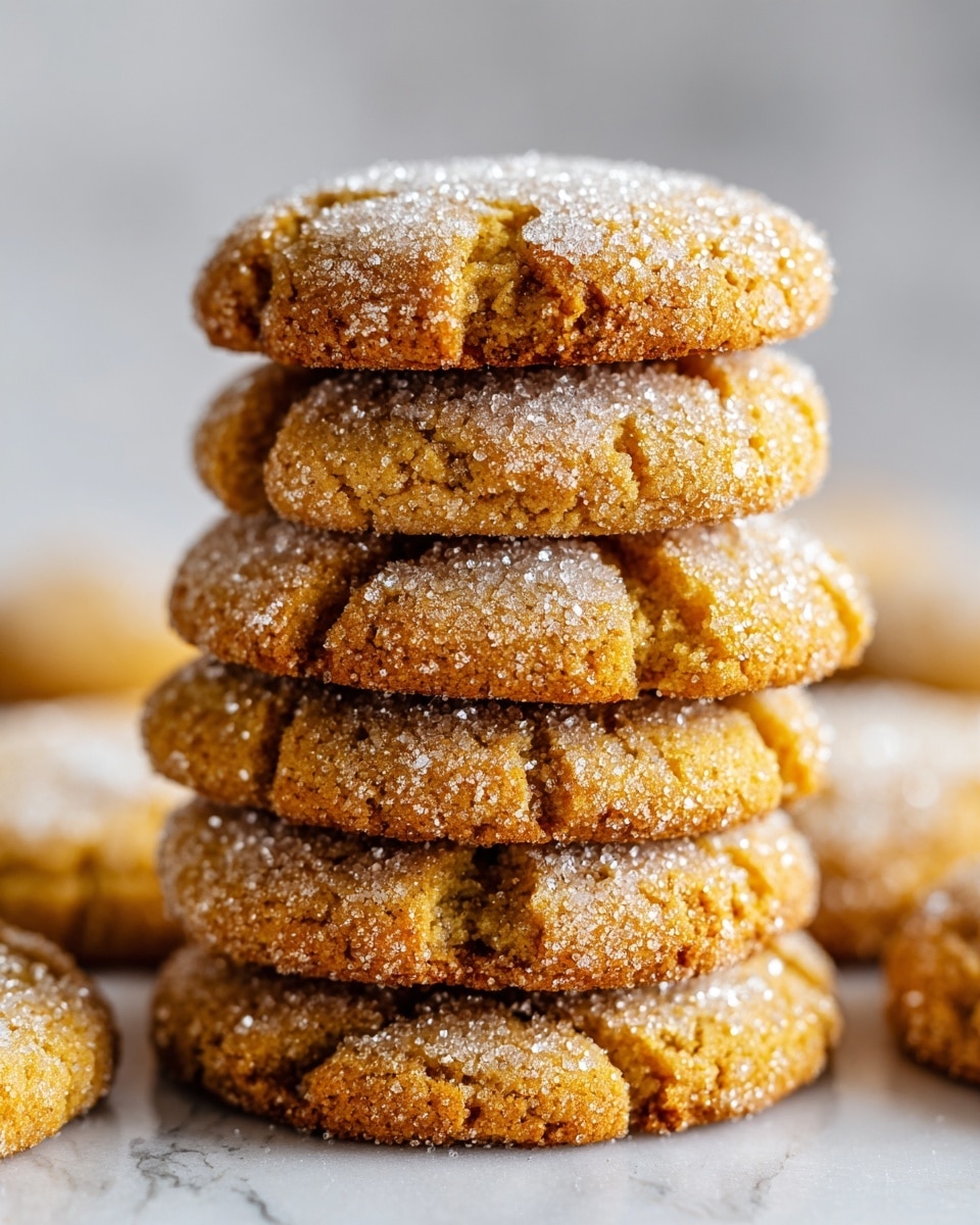 A close-up view of several round ginger cookies stacked closely together, showing their cracked tops with coarse sugar crystals sparkling on the light brown, rough textured surface, all on a white marbled texture background photo taken with an iphone --ar 4:5 --v 7