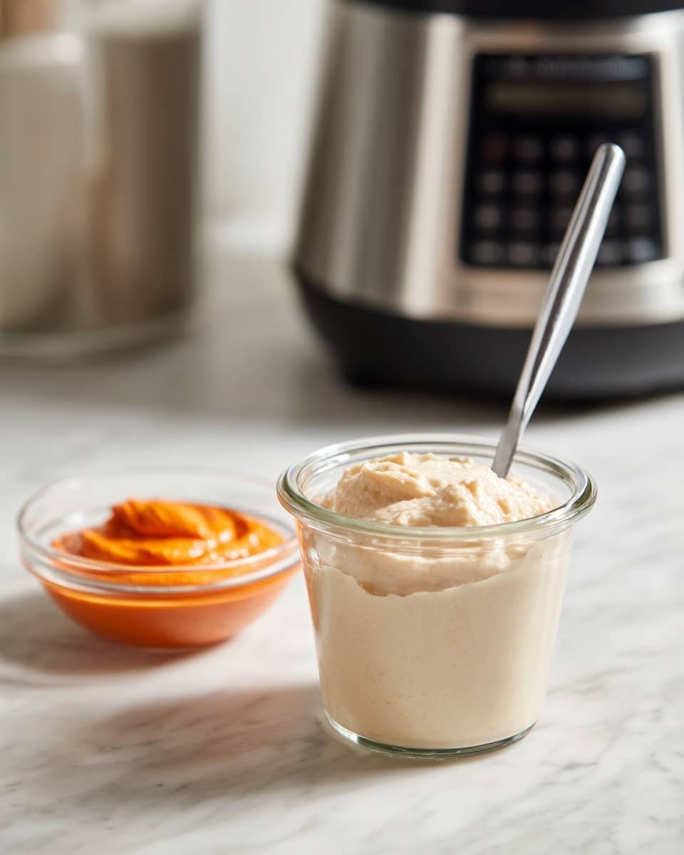 A clear container filled with a thick, pale beige creamy mixture with a metal spatula stuck inside. Next to it is a small clear bowl holding smooth, bright orange dollops of sauce. In the background, a black and silver kitchen appliance sits on a white marbled surface. photo taken with an iphone --ar 4:5 --v 7