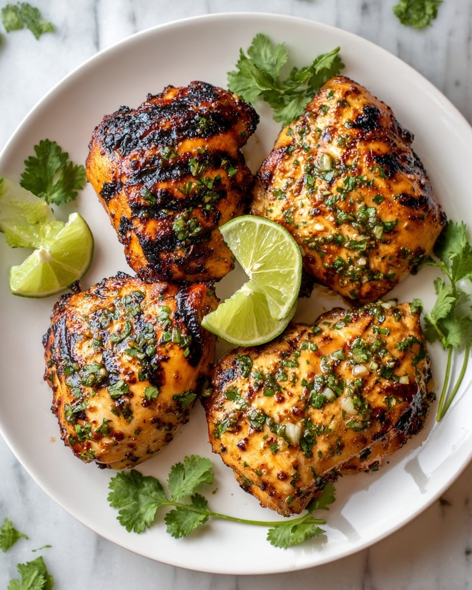 A white plate holds four grilled chicken pieces with a golden brown and slightly charred surface, scattered with fresh green chopped cilantro. Three lime wedges are placed around the chicken on the plate, adding bright green color. The plate is set on a white marbled surface with extra sprigs of cilantro and a halved, squeezed lime nearby. A white bowl filled with cooked brown rice is visible at the top right edge. The textures show the chicken’s moist and slightly crispy skin contrasted by the rough cilantro leaves and smooth lime wedges. photo taken with an iphone --ar 4:5 --v 7