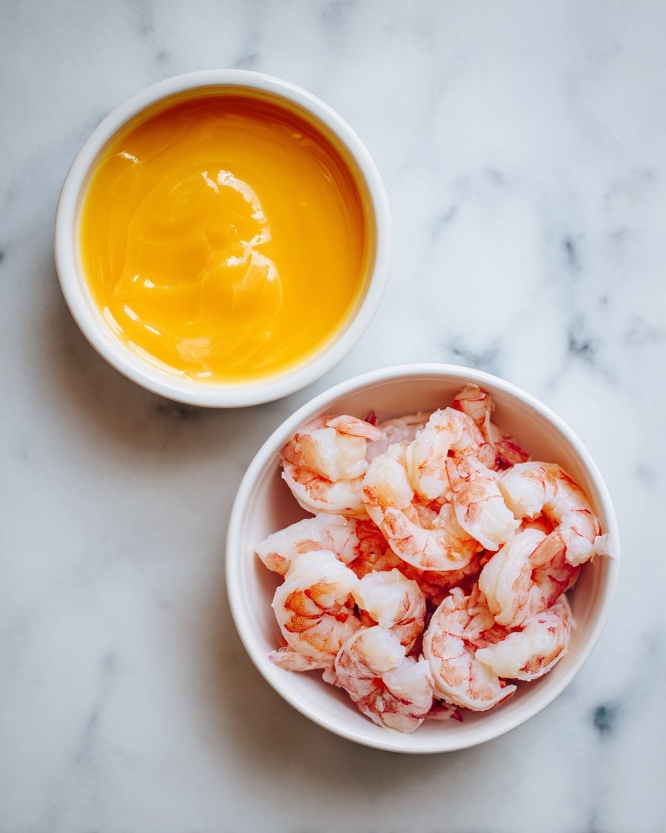 The image shows two white bowls on a white marbled surface. The top bowl has a smooth, thick orange-yellow sauce with a shiny texture. The bottom bowl contains many pale pink shrimp with a slightly translucent look, arranged loosely inside. The shrimp have some white and light red tones, showing their raw state. Photo taken with an iphone --ar 4:5 --v 7