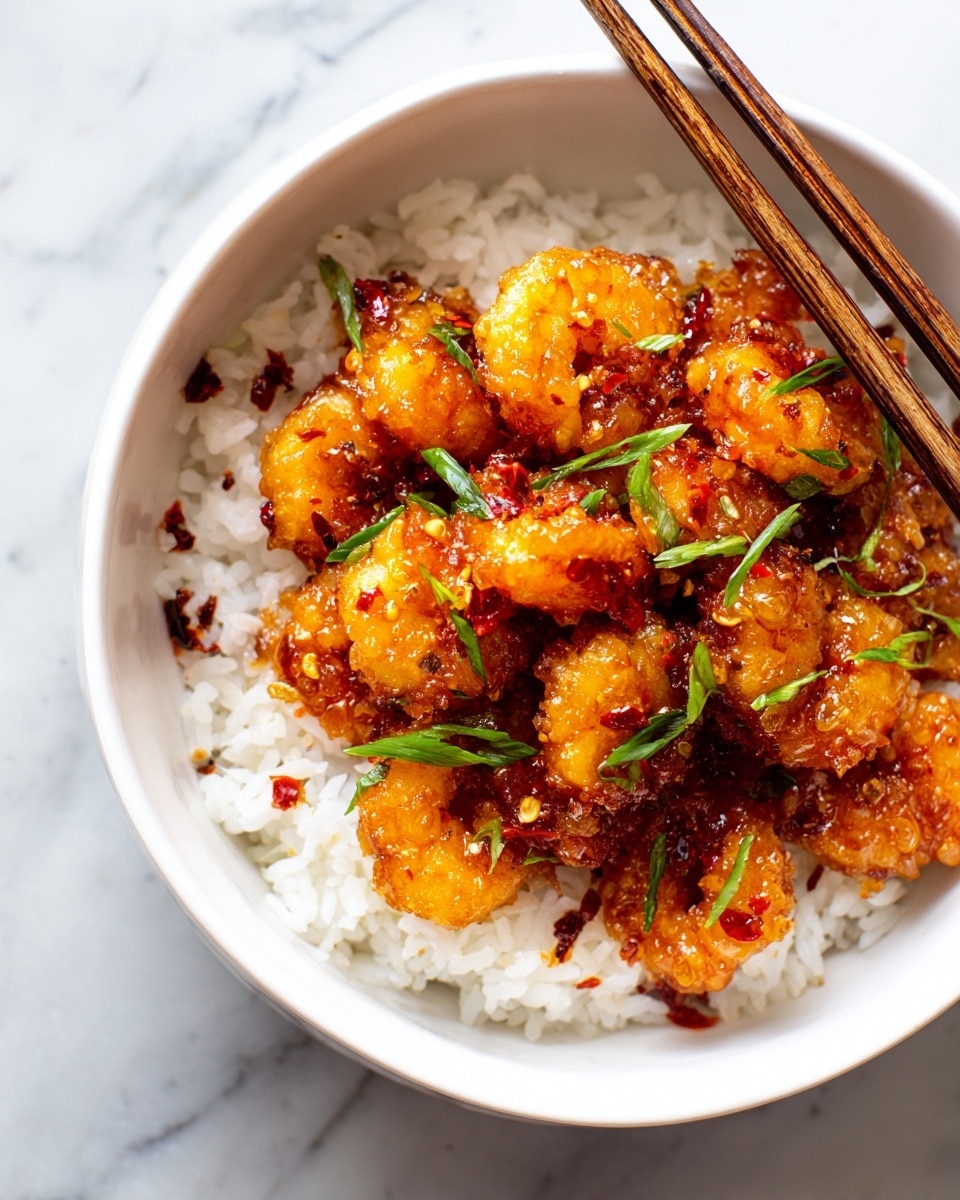 A close-up view showing a pile of orange glazed cooked shrimp arranged in a white bowl, each shrimp coated with a shiny, sticky sauce that has visible small bits of chili flakes and garlic. The shrimp are bright orange with some slight browning, layered in two or three levels filling the bowl. Small green sliced scallions are sprinkled evenly on top and in between the shrimp, adding contrast. The bowl sits on a white marbled surface. Photo taken with an iphone --ar 4:5 --v 7