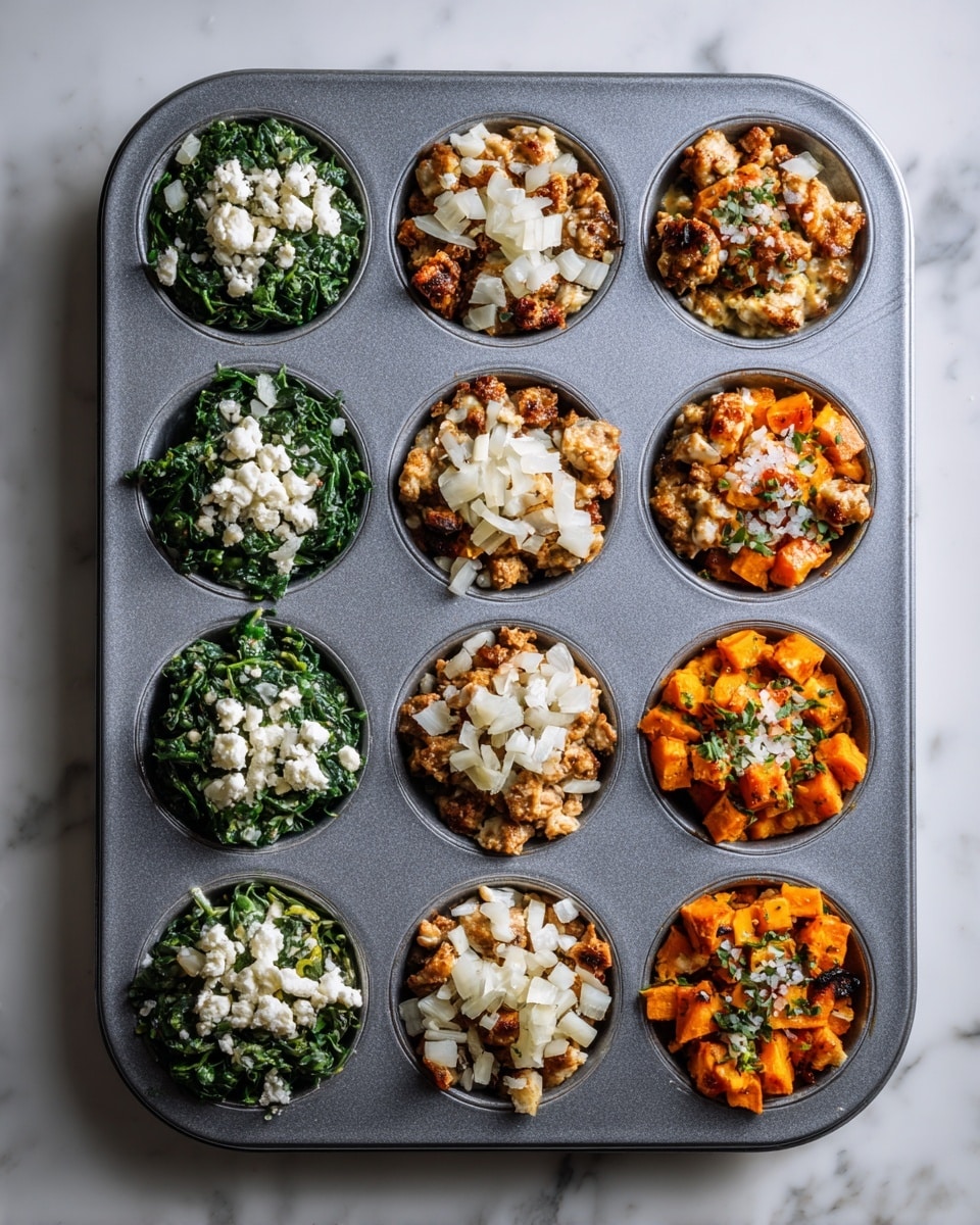 A metal muffin tray with twelve sections, each filled with different ingredients in three rows. The left row has green spinach leaves topped with white cheese crumbles, the middle row contains chunks of cooked meat with pieces of white onion on top, and the right row holds chopped orange vegetables, possibly sweet potato, sprinkled with white cheese crumbles. Each section shows layers clearly with vibrant colors: green, brown, orange, and white. The tray sits on a white marbled surface. photo taken with an iphone --ar 4:5 --v 7