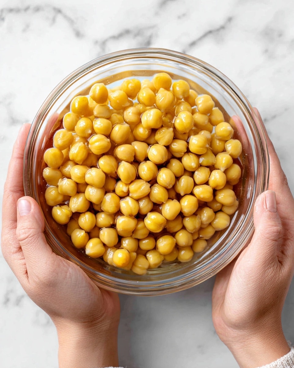 A clear glass bowl filled with light golden chickpeas soaking in water sits on a white marbled surface. Two woman's hands hold a bunch of these round, smooth chickpeas gently above the bowl, showing their shiny, wet texture and creamy yellow color. The background and surface are white with a subtle marbled pattern. photo taken with an iphone --ar 4:5 --v 7