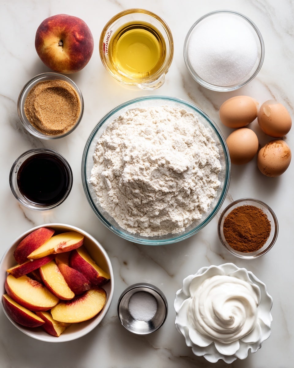 The image shows ingredients for baking arranged on a white marbled surface. There is a large clear bowl in the center filled with white flour, a smaller clear bowl with brown sugar placed to its left, and a small clear bowl with three brown eggs on its right. Above the flour, a clear glass measuring cup holds light yellow oil. Below the flour, a clear bowl contains white sugar, and next to it, a small dark cup with vanilla extract. To the bottom right, a white scalloped bowl holds reddish-brown cinnamon, and a small silver container holds salt. Sliced peaches with red and yellow skin lay on the left side. Another small clear bowl with white sour cream is at the top right corner. Each bowl or container is labeled with bold black text naming the ingredients. photo taken with an iphone --ar 4:5 --v 7